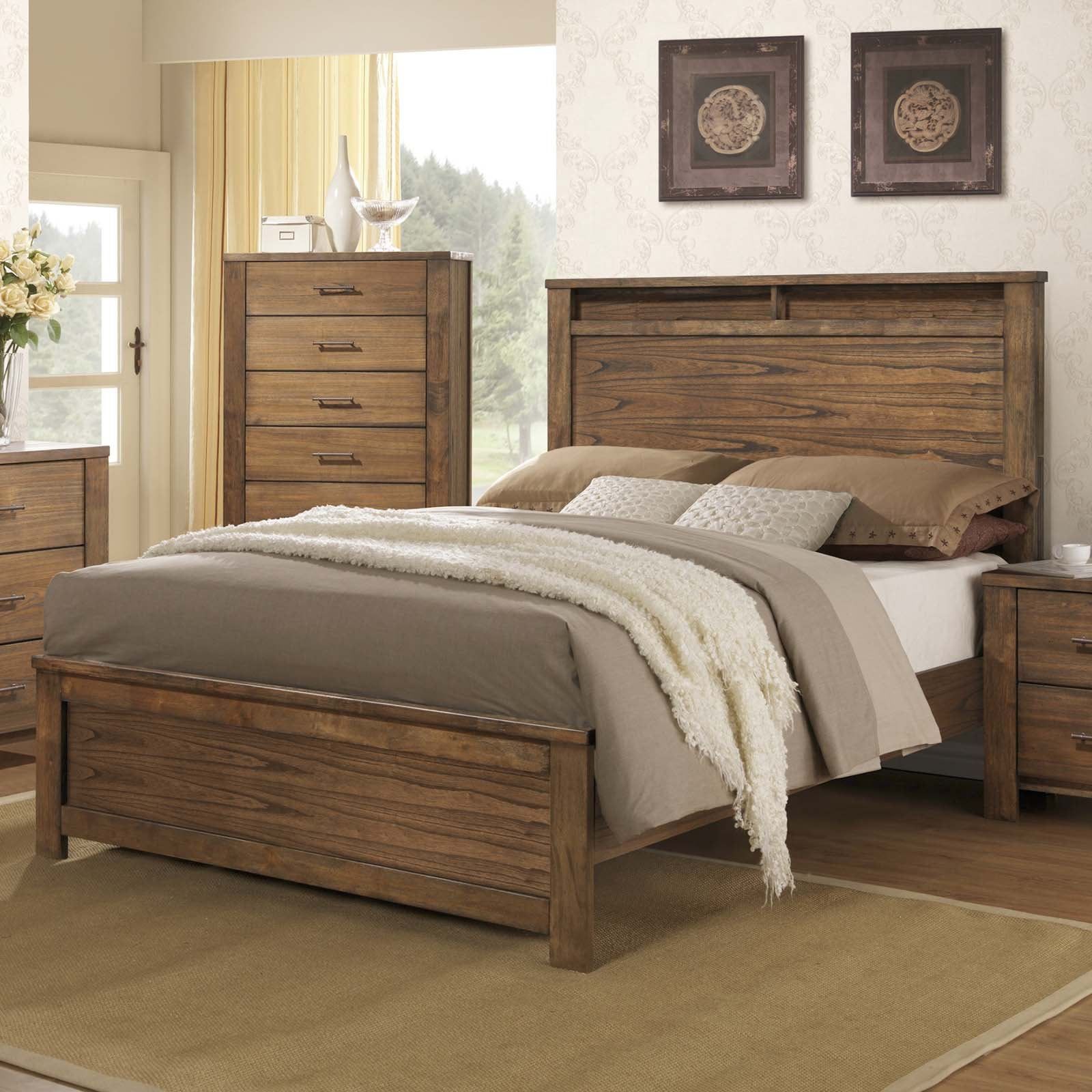 Brayden Rustic Brown Queen Wood Panel Bed with Storage Shelf