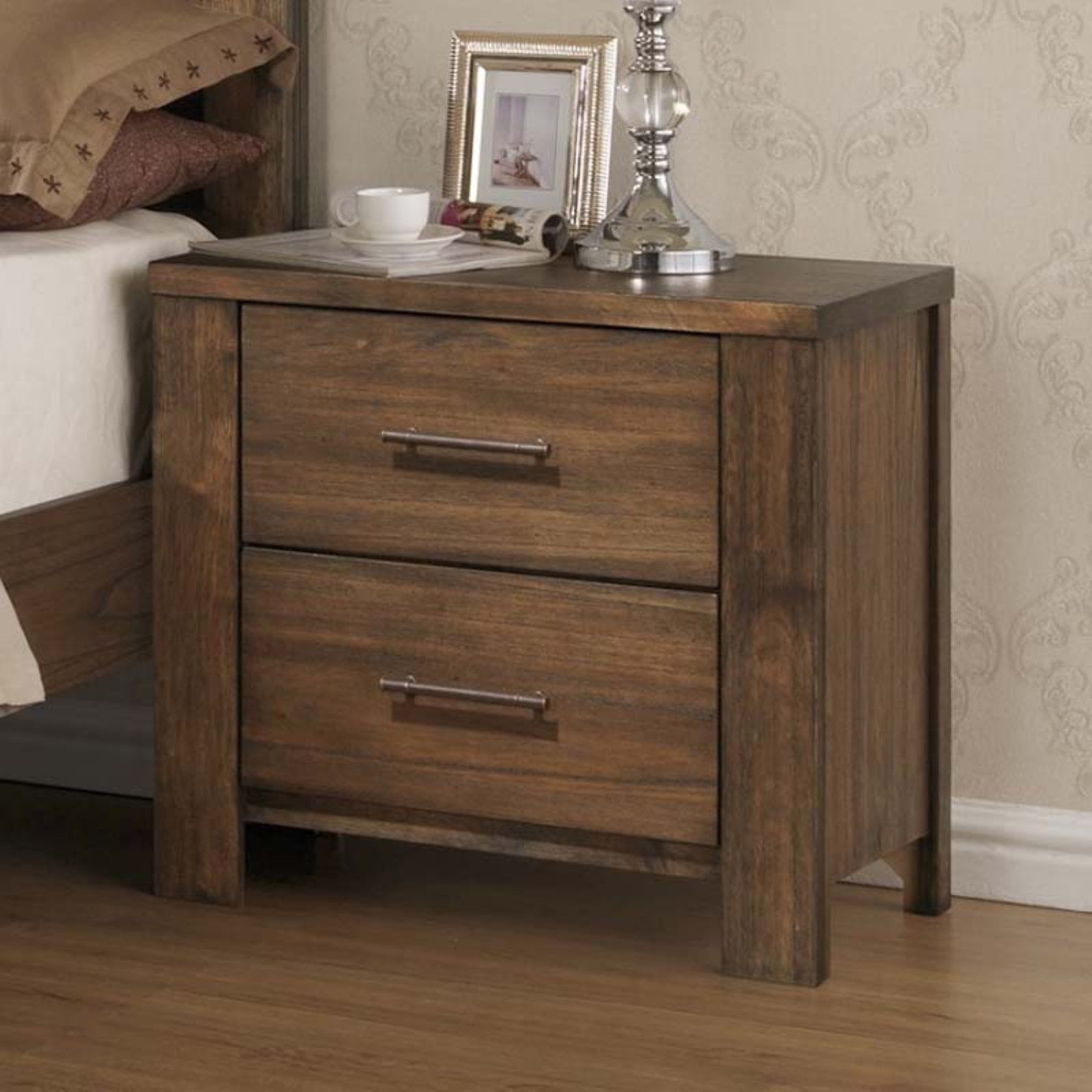 Rustic Brown 2-Drawer Rubberwood Nightstand