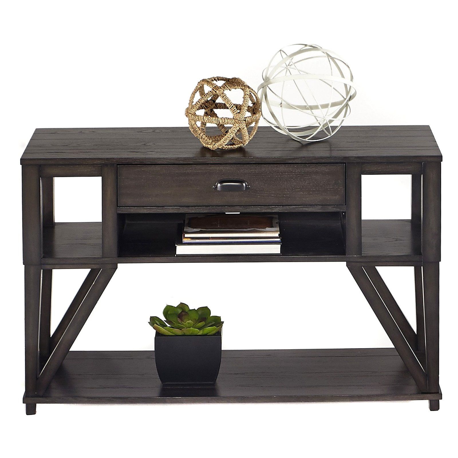 Midnight Oak Transitional Storage Console Table with Shelf