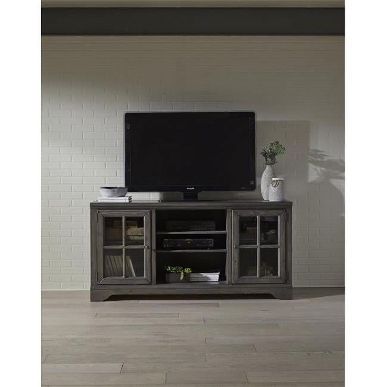 Storm Gray 66" Pine Wood TV Stand with Glass Doors