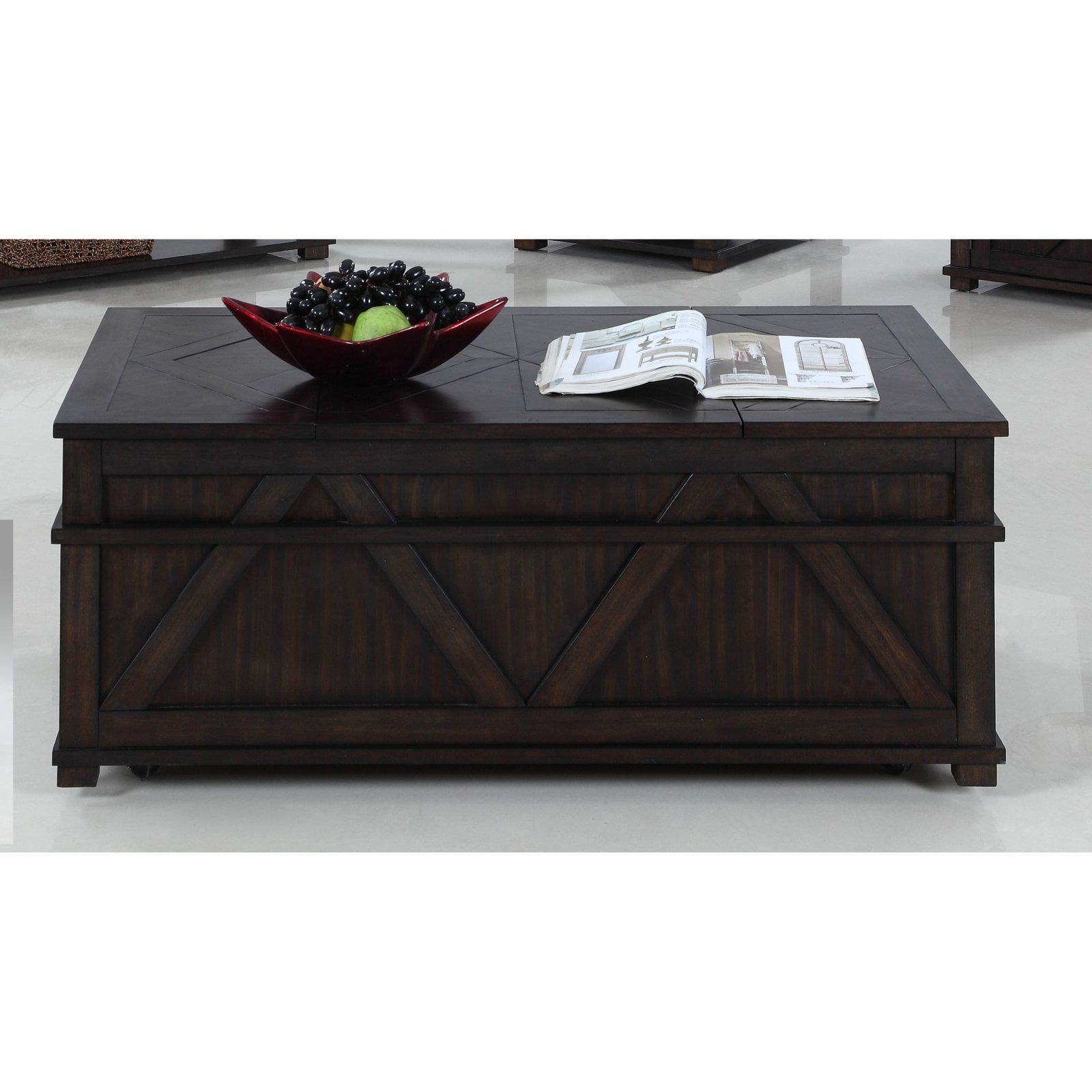 Rustic Pine Wood Lift-Top Storage Trunk Coffee Table in Dark Brown