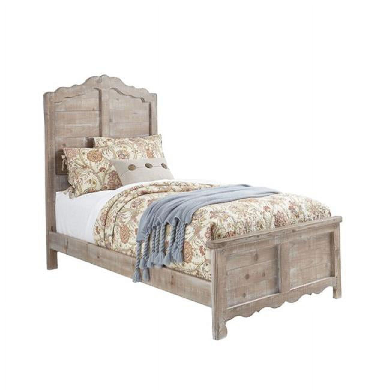 Beige Pine Full Panel Bed with Wood Headboard