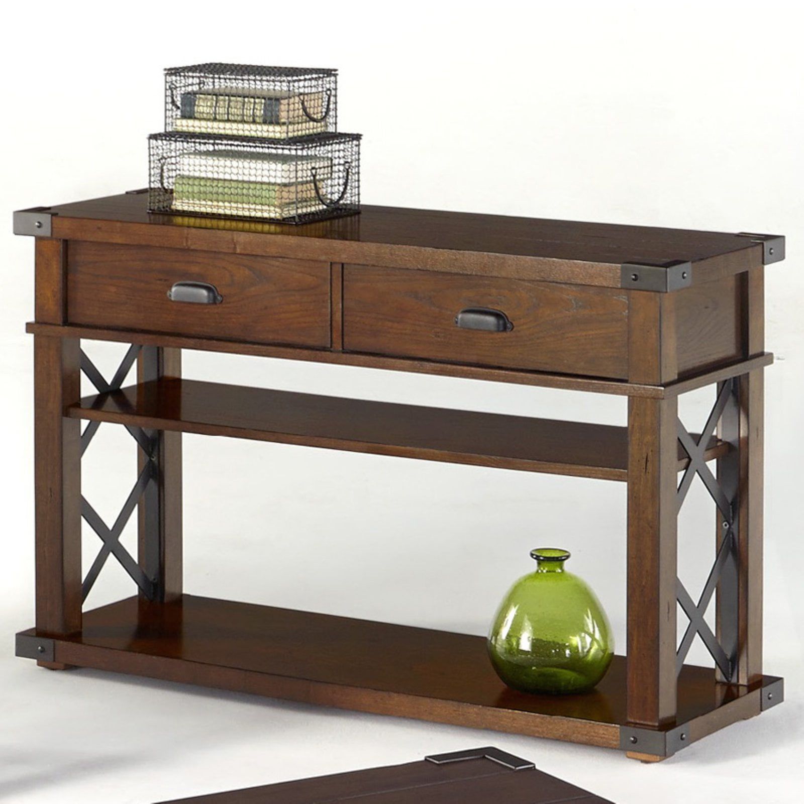 Walnut Brown Industrial Wood and Metal Console Table with Storage