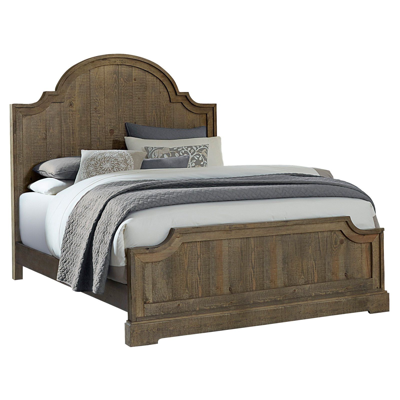 King Weathered Brown Pine Panel Bed with Arched Headboard