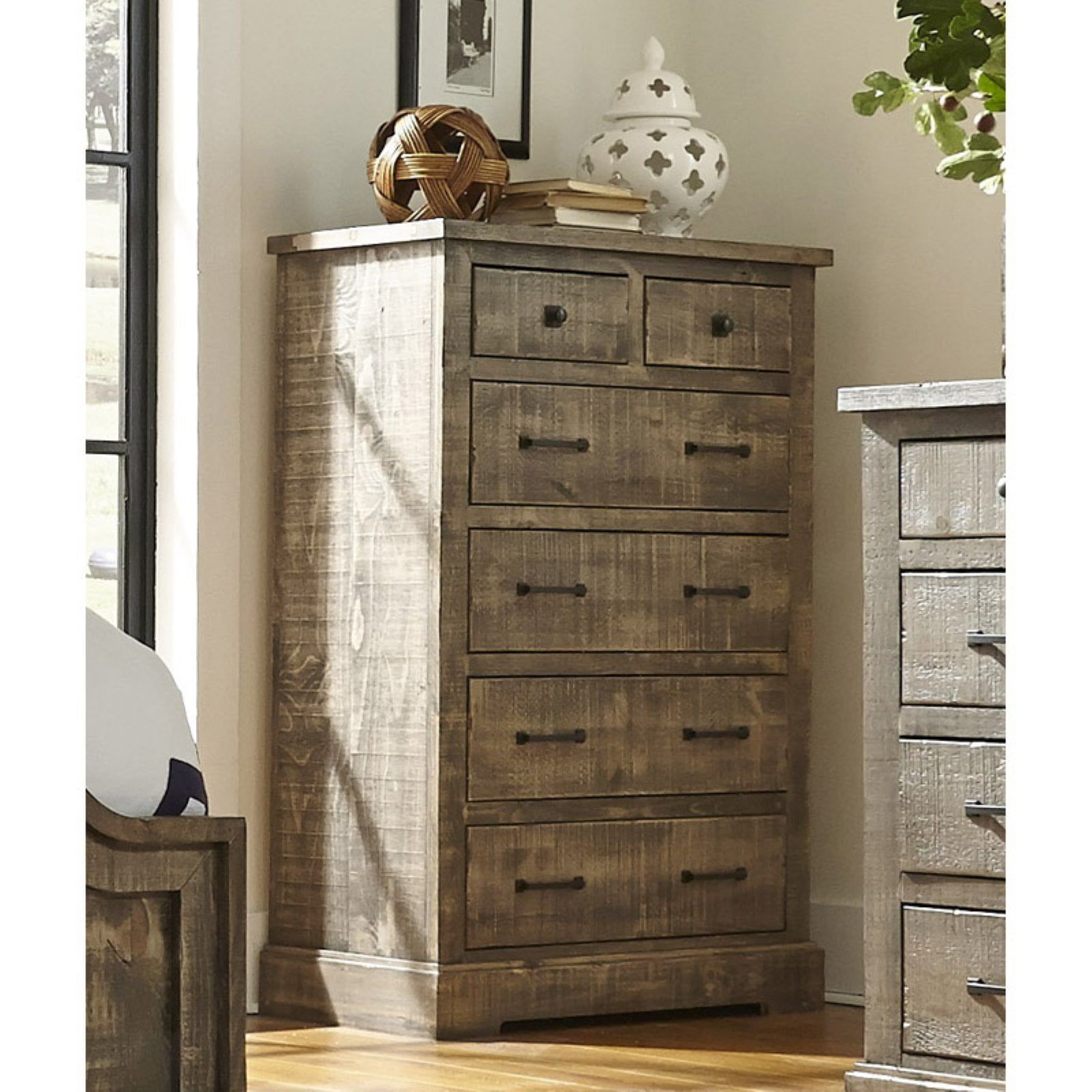 Weathered Gray and Brown Rustic Farmhouse 5-Drawer Chest