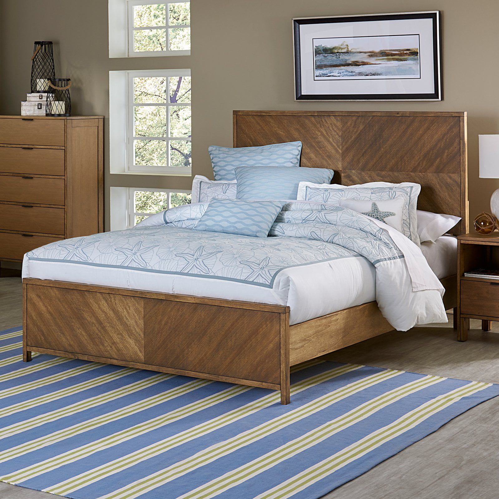 Rustic Brown Queen Panel Bed with Chevron Veneers and Storage Drawer