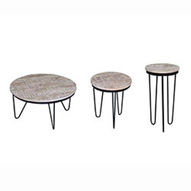 Round Black and Beige Reclaimed Wood Chairside Table