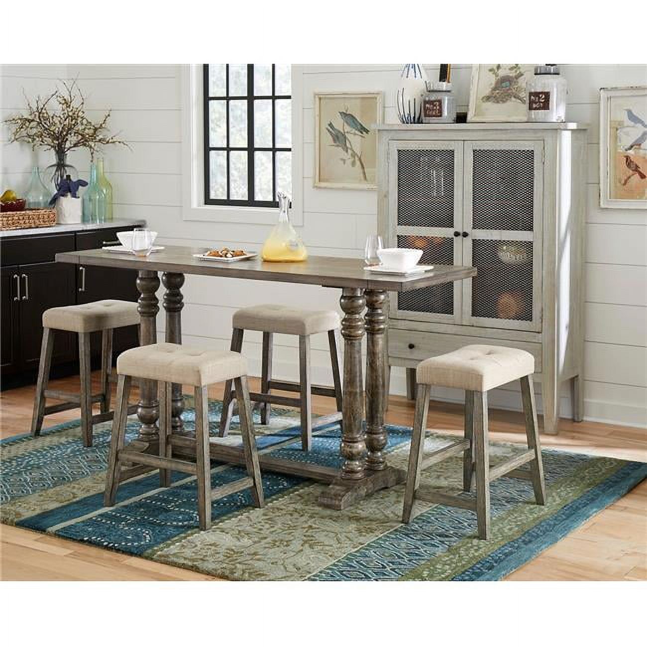 Set of 2 Smokey Oak Cream Upholstered Counter Stools