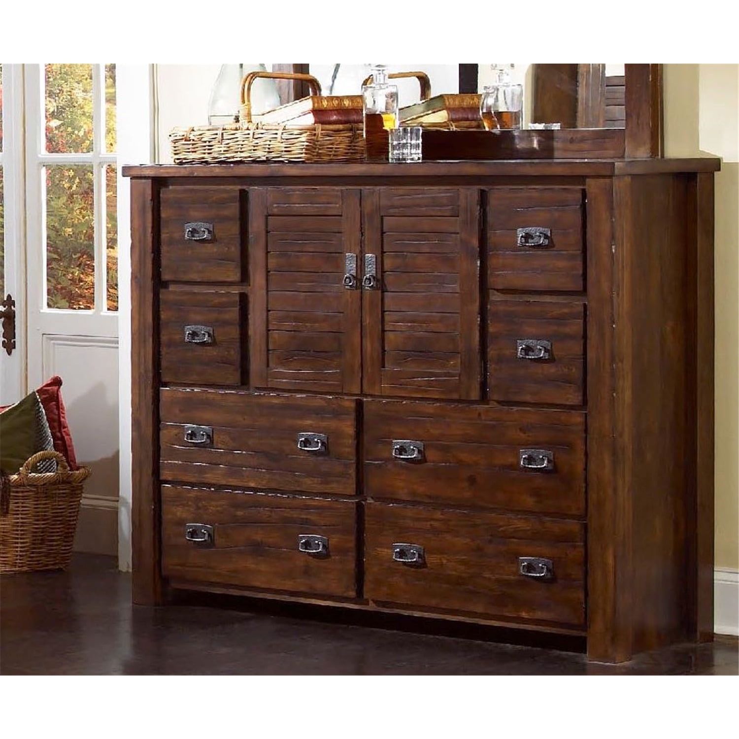 Trestlewood Dark Brown Pine Dresser with Mirror