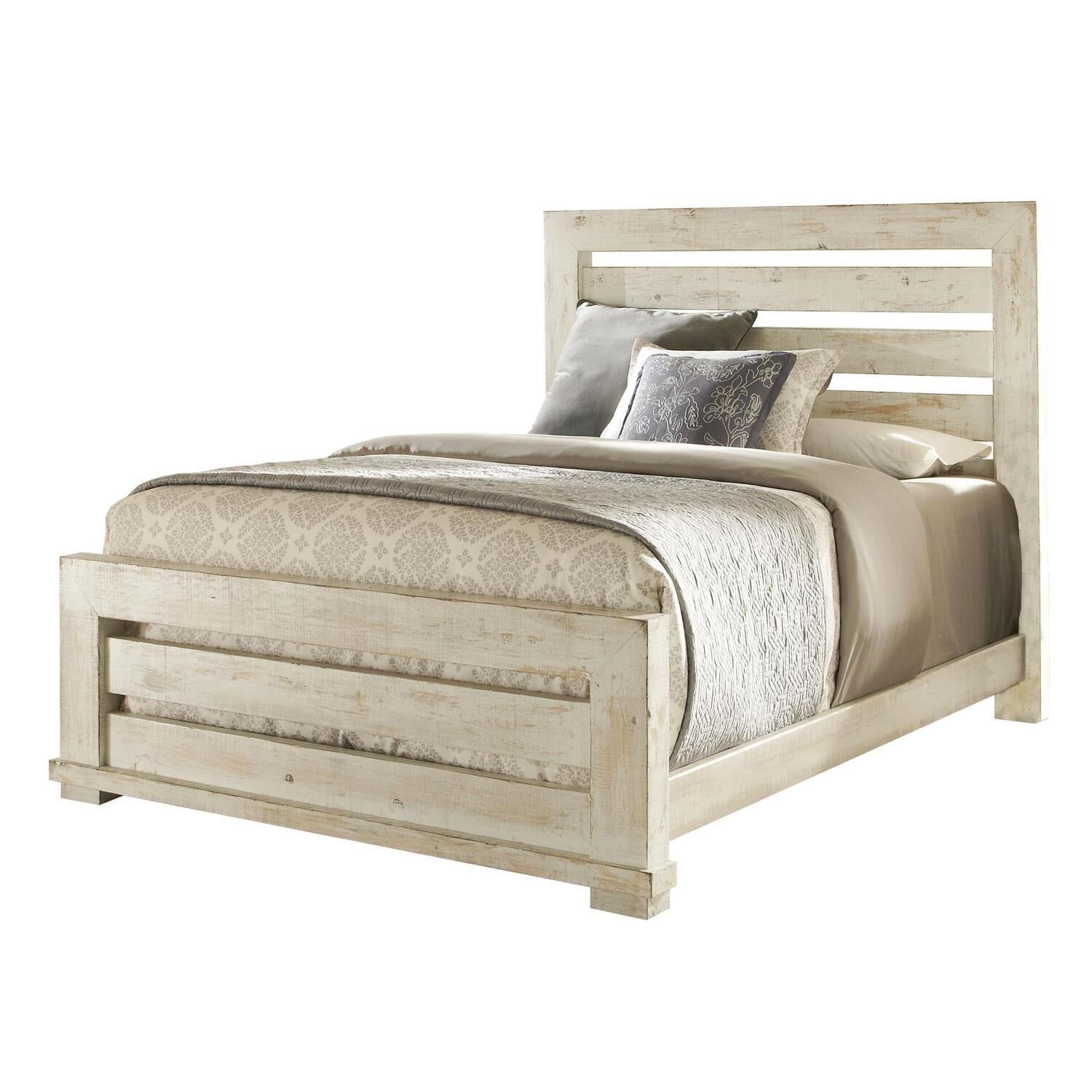 Distressed White King Wood Slat Headboard Bed Frame