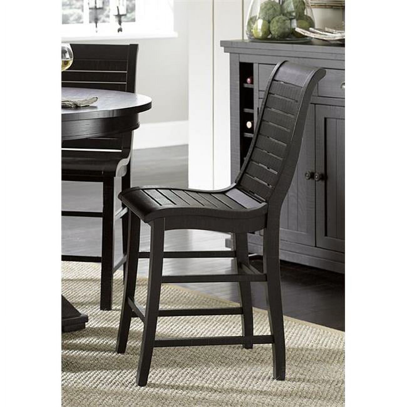 Set of 2 Distressed Black Rubberwood Slat Back Counter Chairs