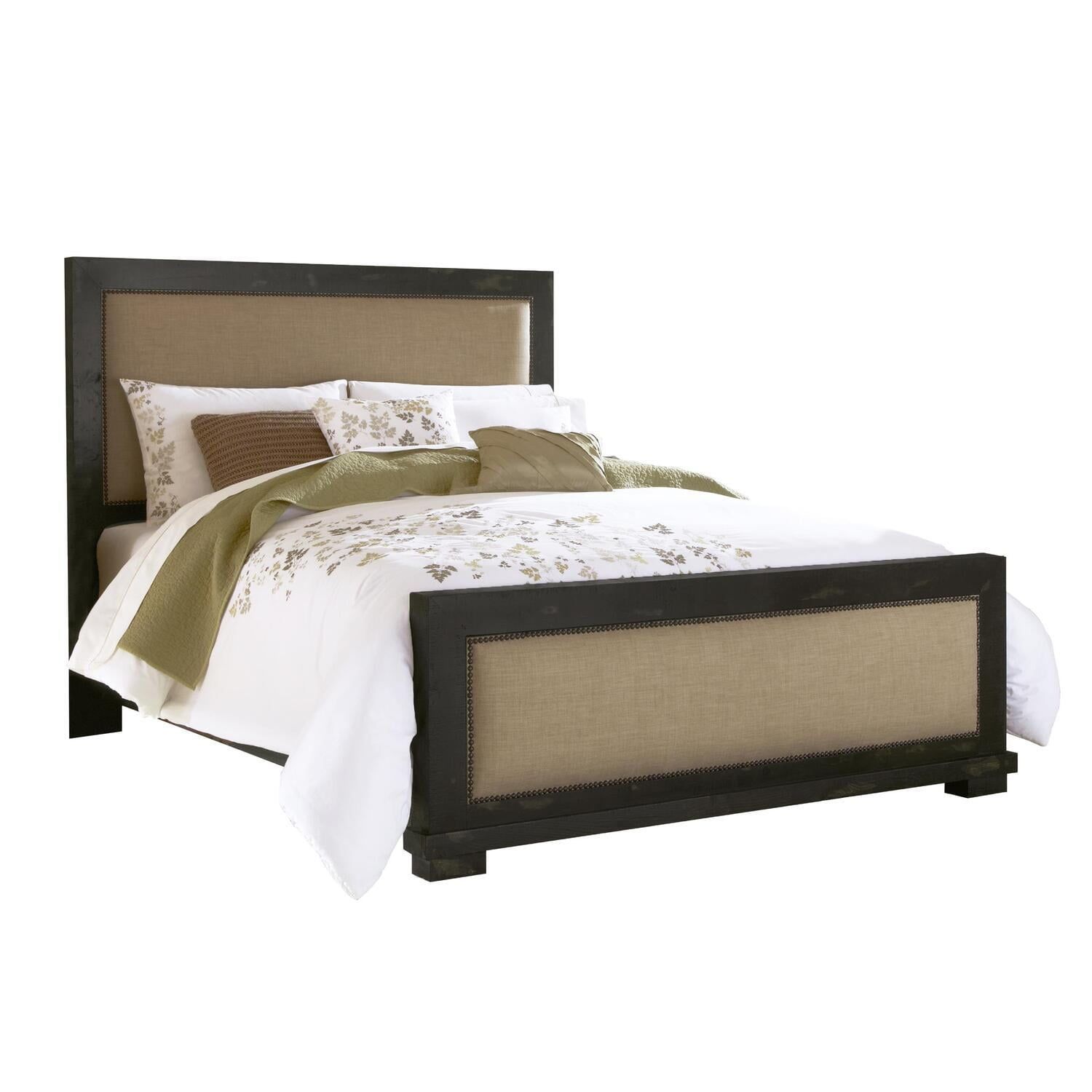 Distressed Black Upholstered King Headboard with Wood Frame