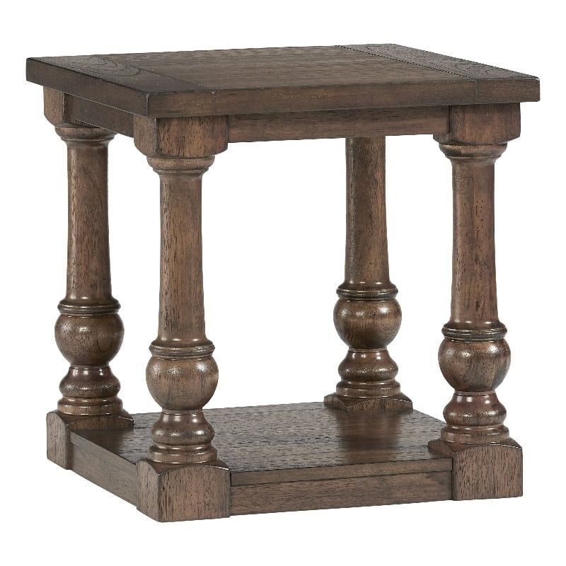 Traditional Cognac Brown Square End Table with Balustrade Shelves