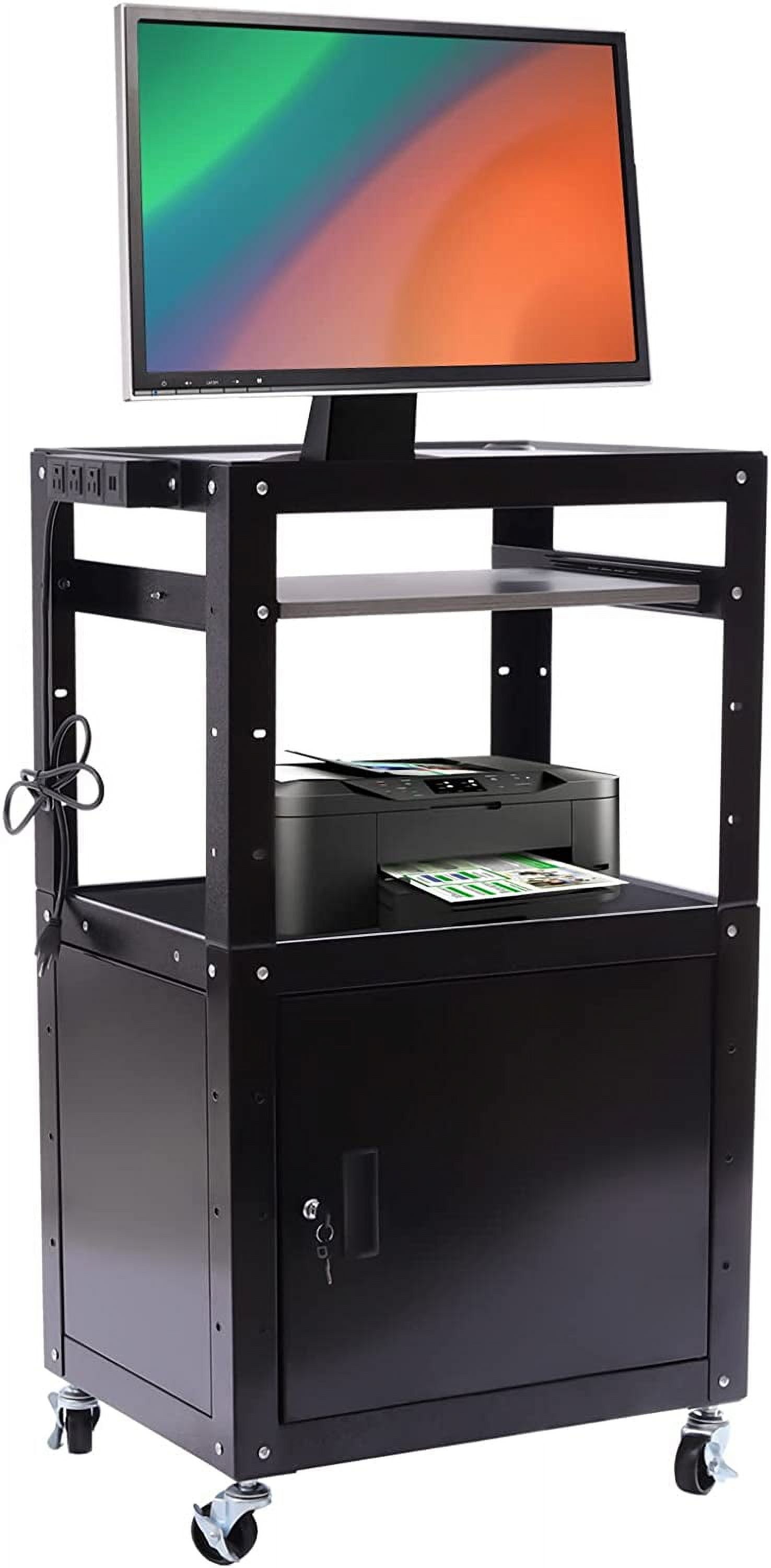 Black Adjustable Steel AV Cart with Locking Cabinet and Power Strip