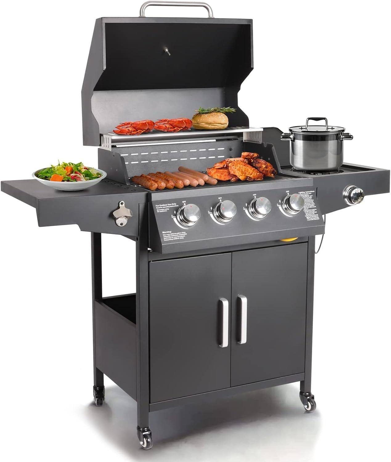 Black Stainless Steel 4-Burner Propane Gas Grill with Side Burner