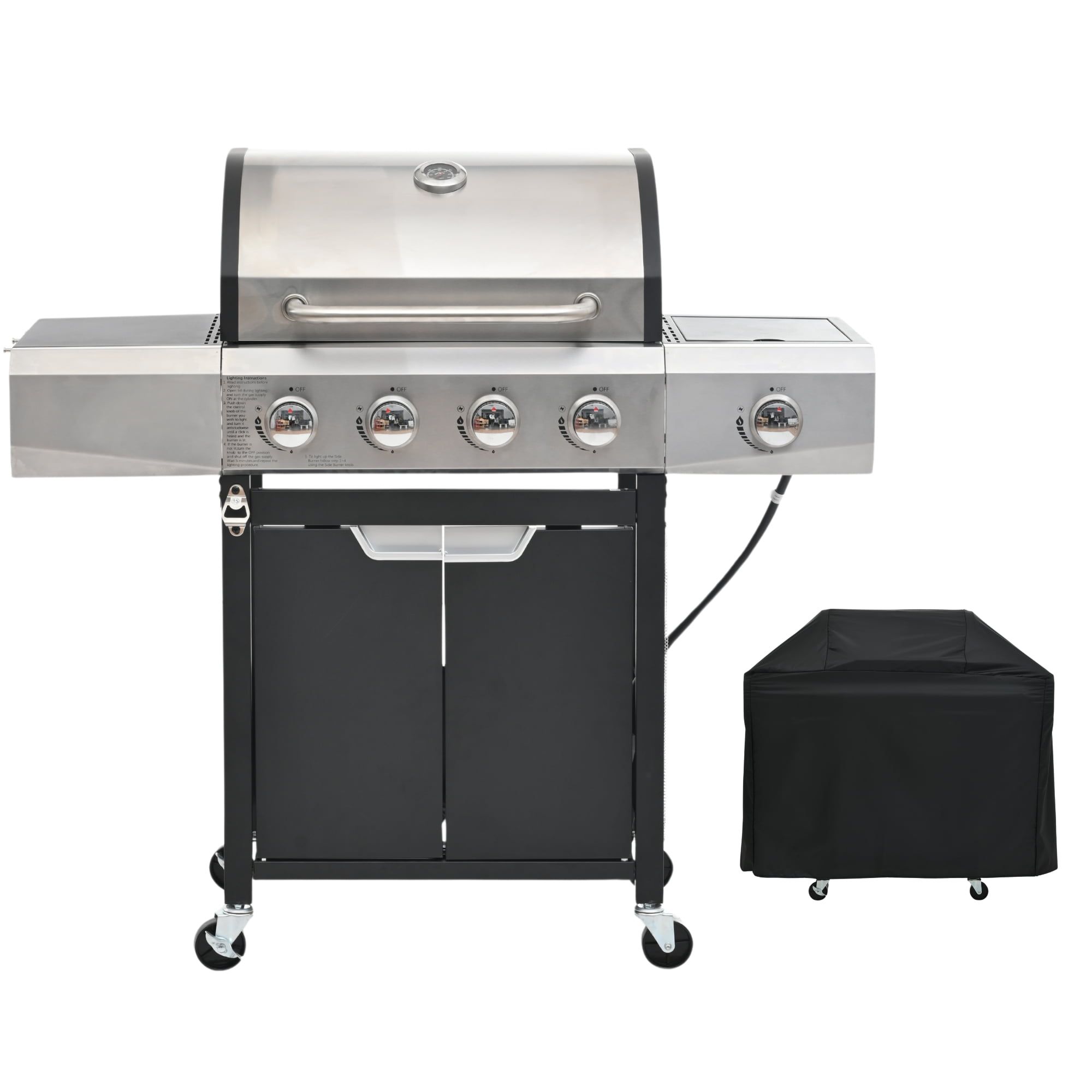 4-Burner Stainless Steel Propane Grill with Side Burner and Cover