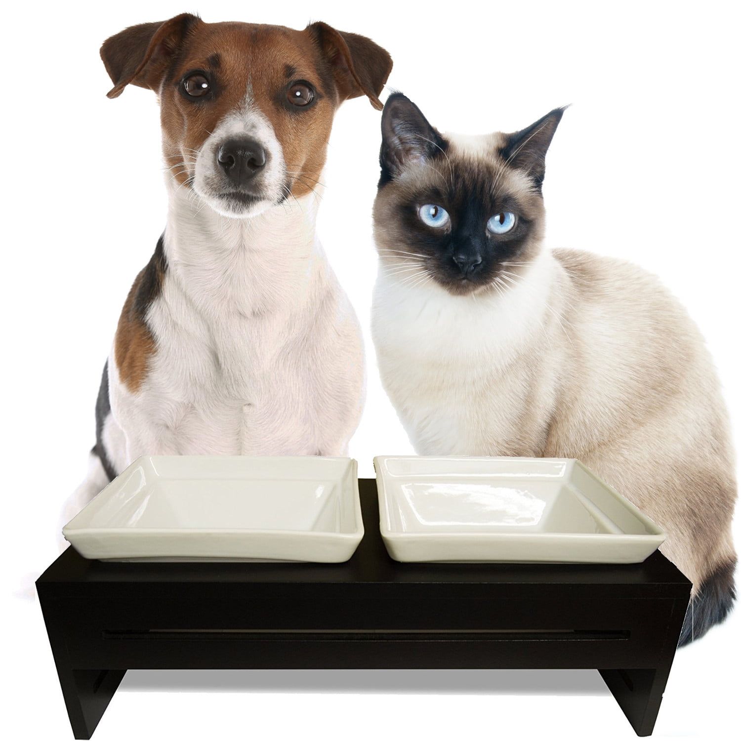 ProsperDog Elevated Double Ceramic Bowls with Wooden Stand