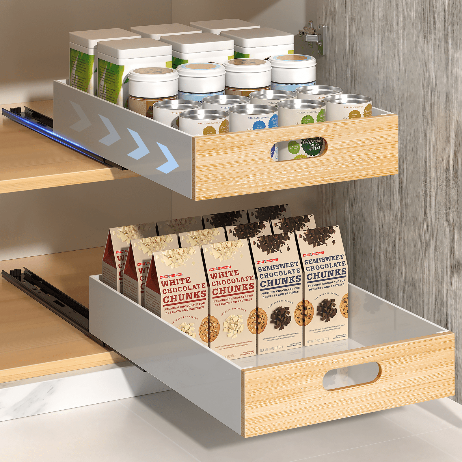 White Metal and Wood Pull-Out Cabinet Drawer Organizer