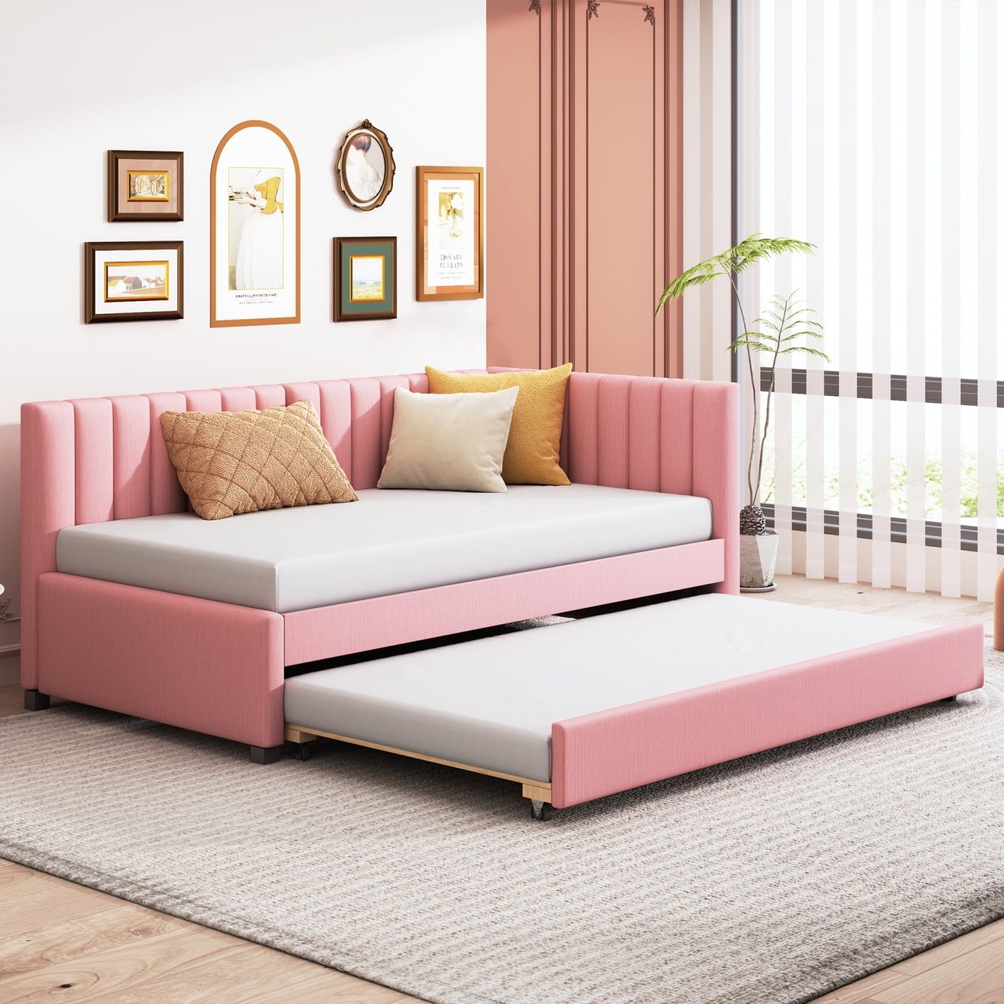 Pink Twin Upholstered Daybed with Trundle and Storage