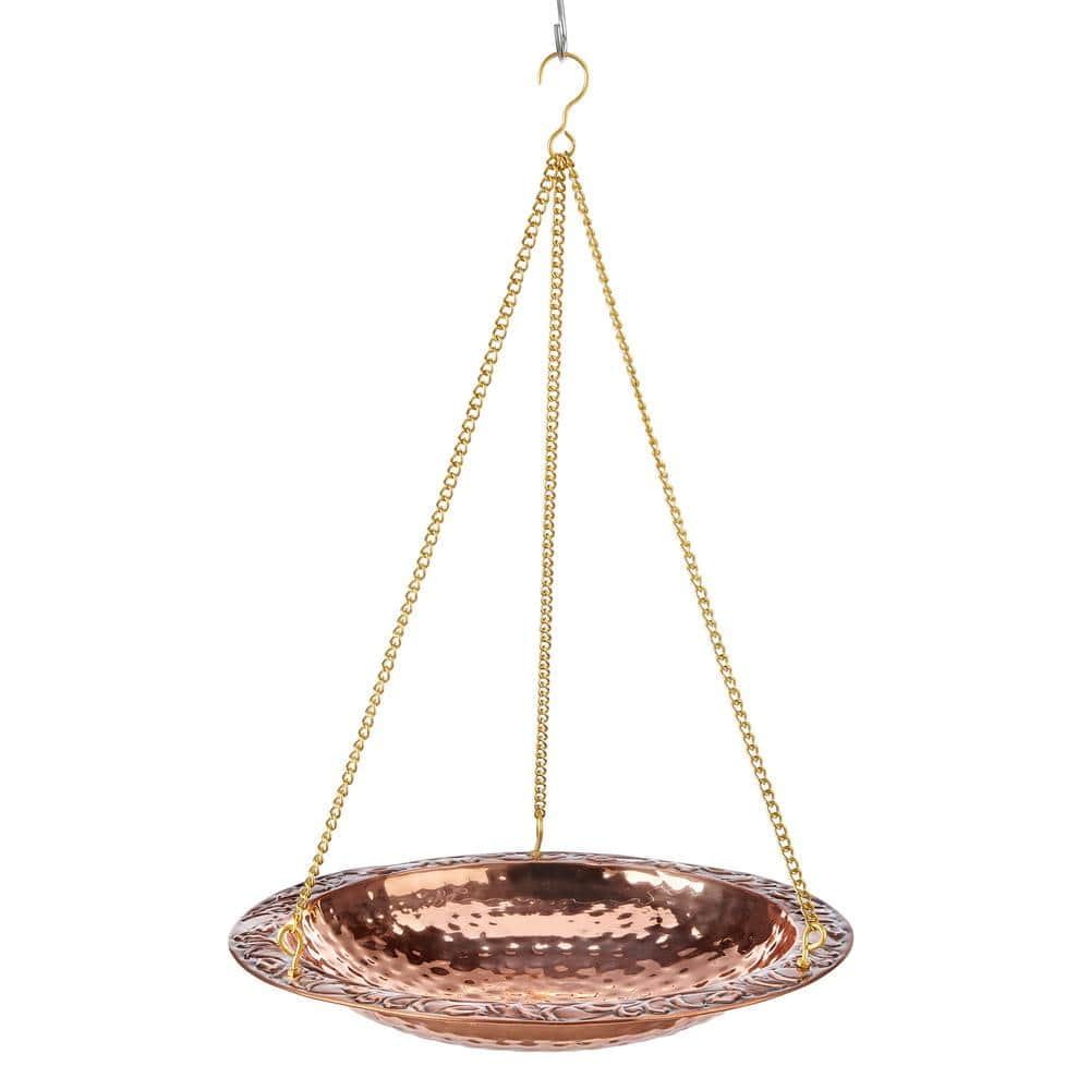 Pure Copper Hanging Bird Bath with Brass Chain, 13.5” Diameter