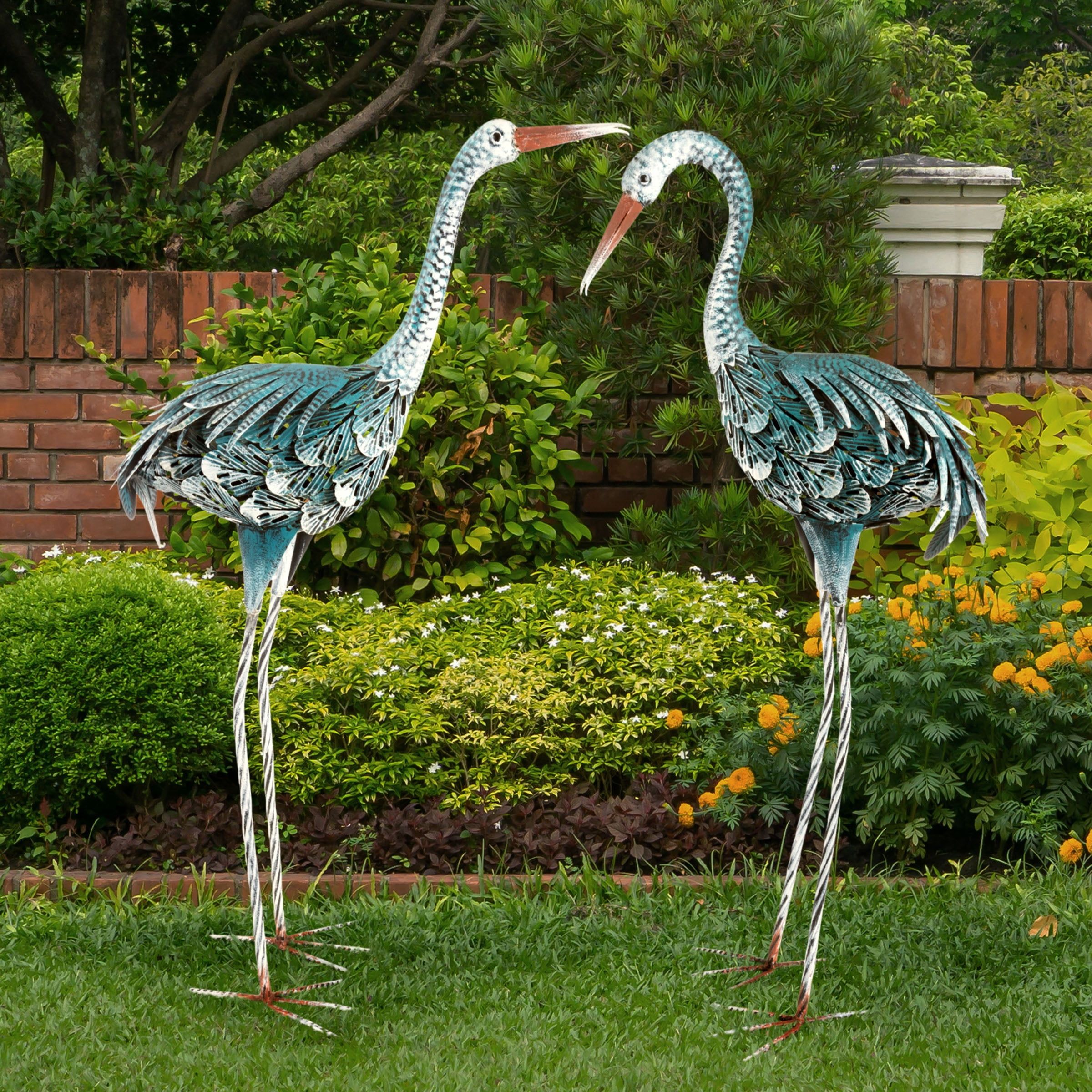 Hand-Painted Blue Metal Crane Garden Statues Set