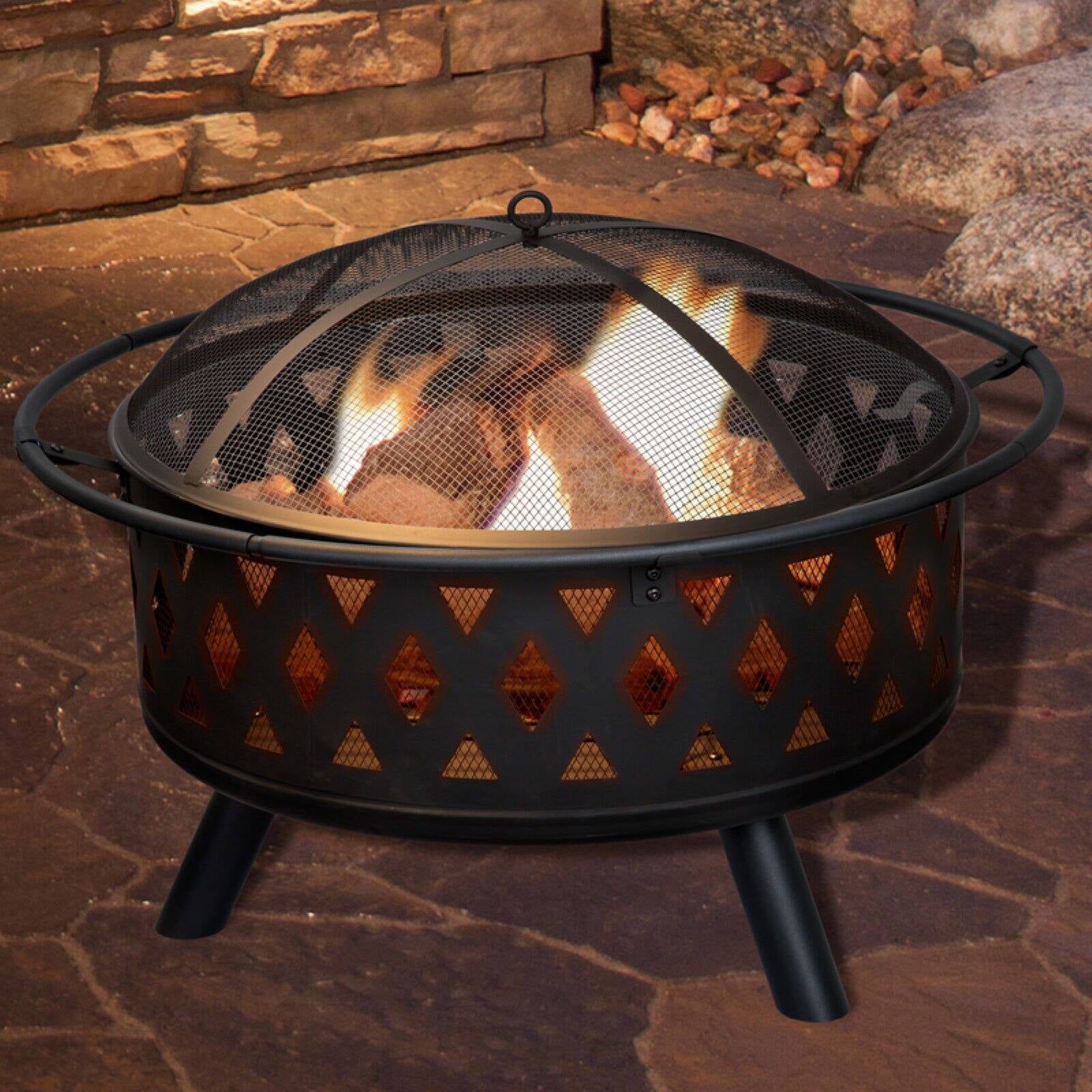 32" Black Steel Crossweave Fire Pit with Mesh Cover