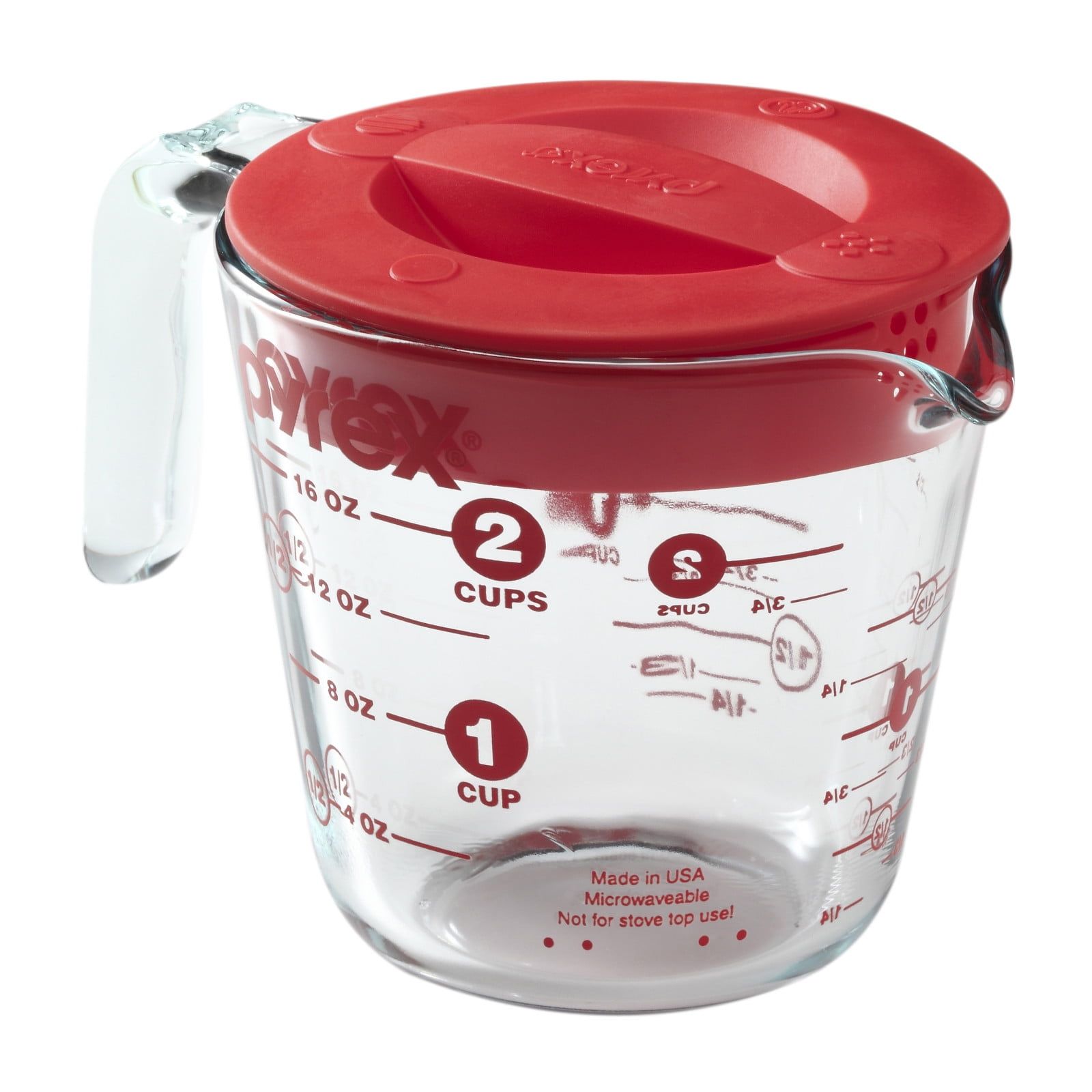 Pyrex 2-Cup Clear Glass Measuring Cup with Red Lid