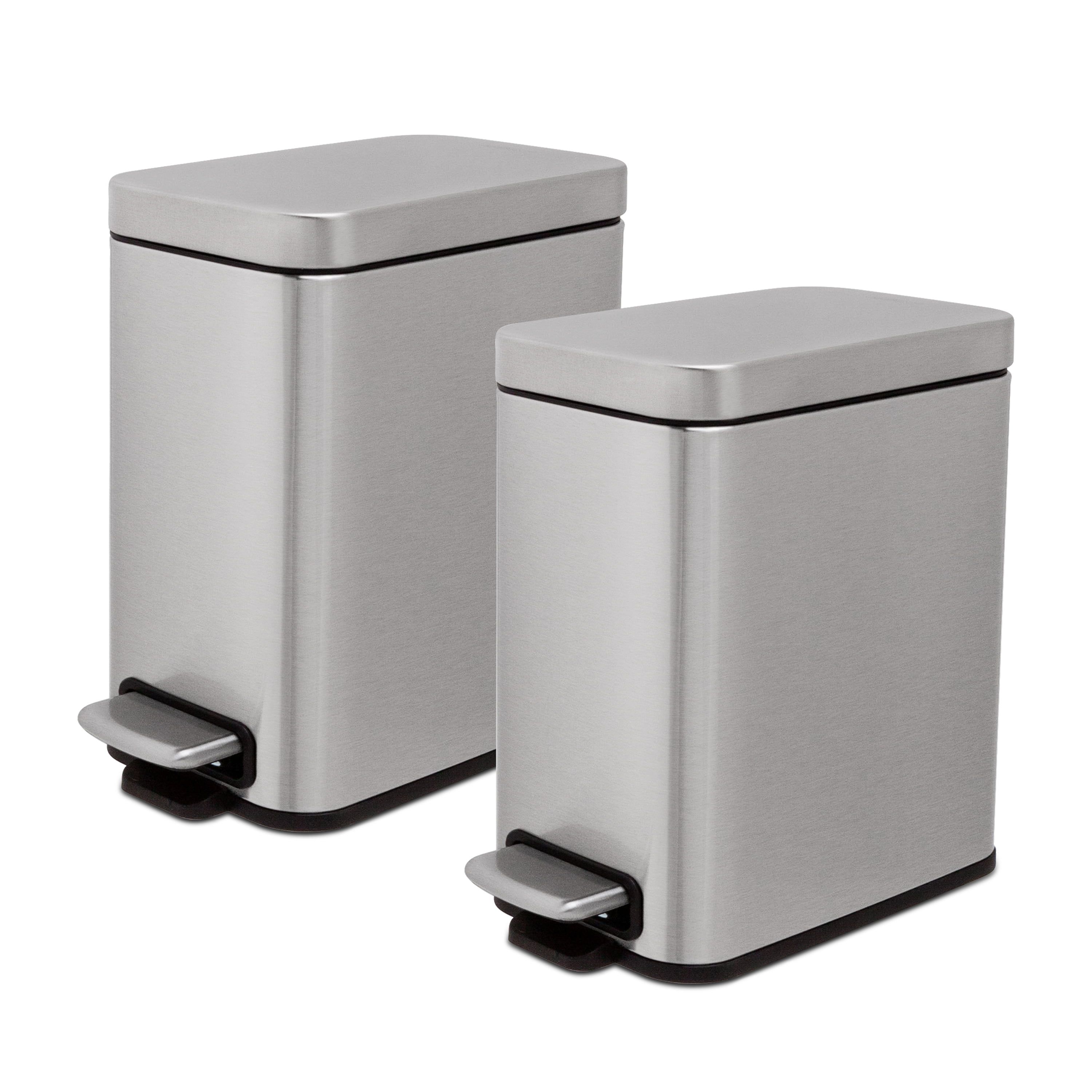 Slim Silver Stainless Steel Step Trash Cans, 1.3 Gallon, Twin Pack