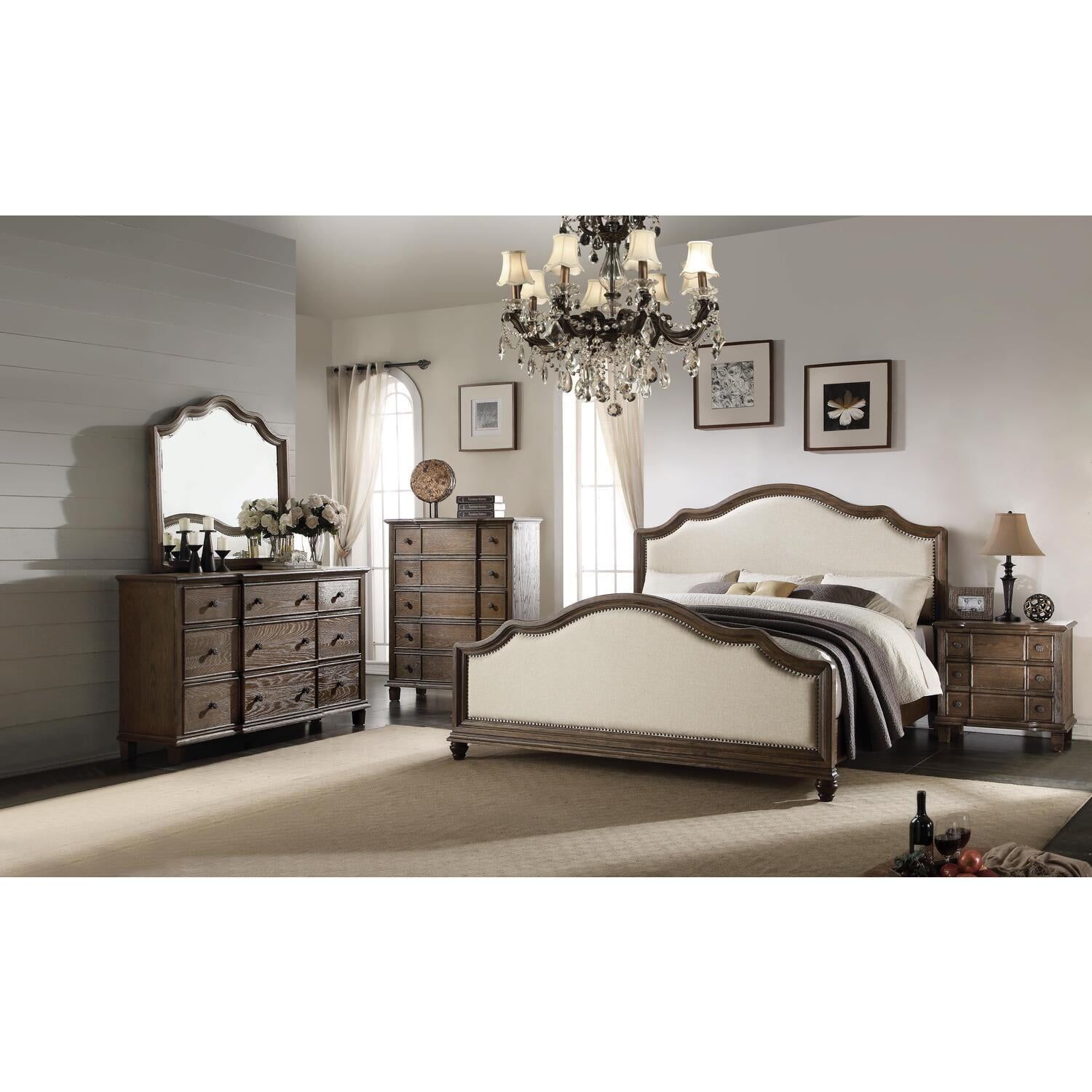 Elegant Queen Bed with Nailhead Trim in Beige Linen & Weathered Oak