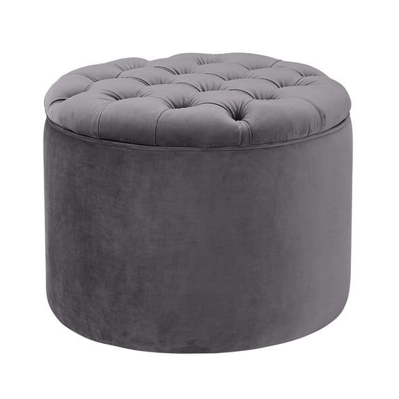 Contemporary Grey Velvet Tufted Round Storage Ottoman