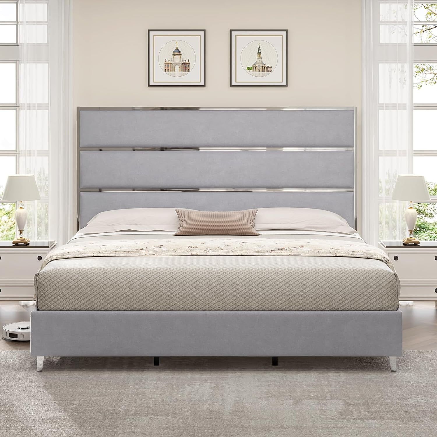 Queen Light Grey Velvet Upholstered Bed with Chrome Trim