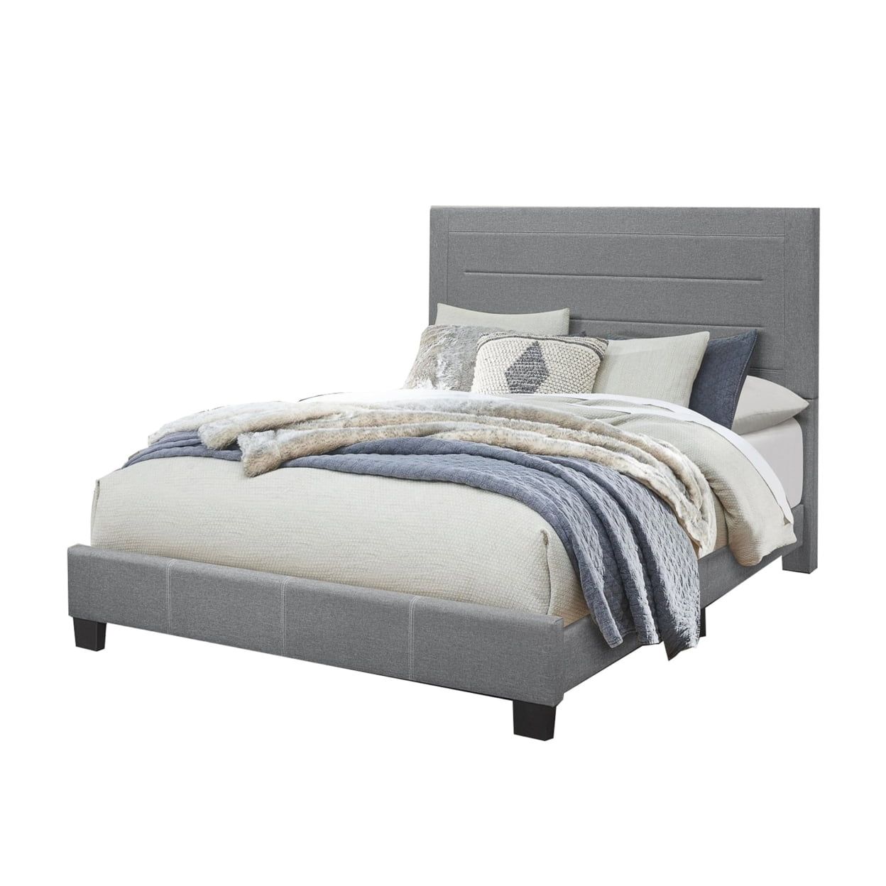 Transitional Gray Queen Upholstered Bed with Panel Headboard and Storage Drawer