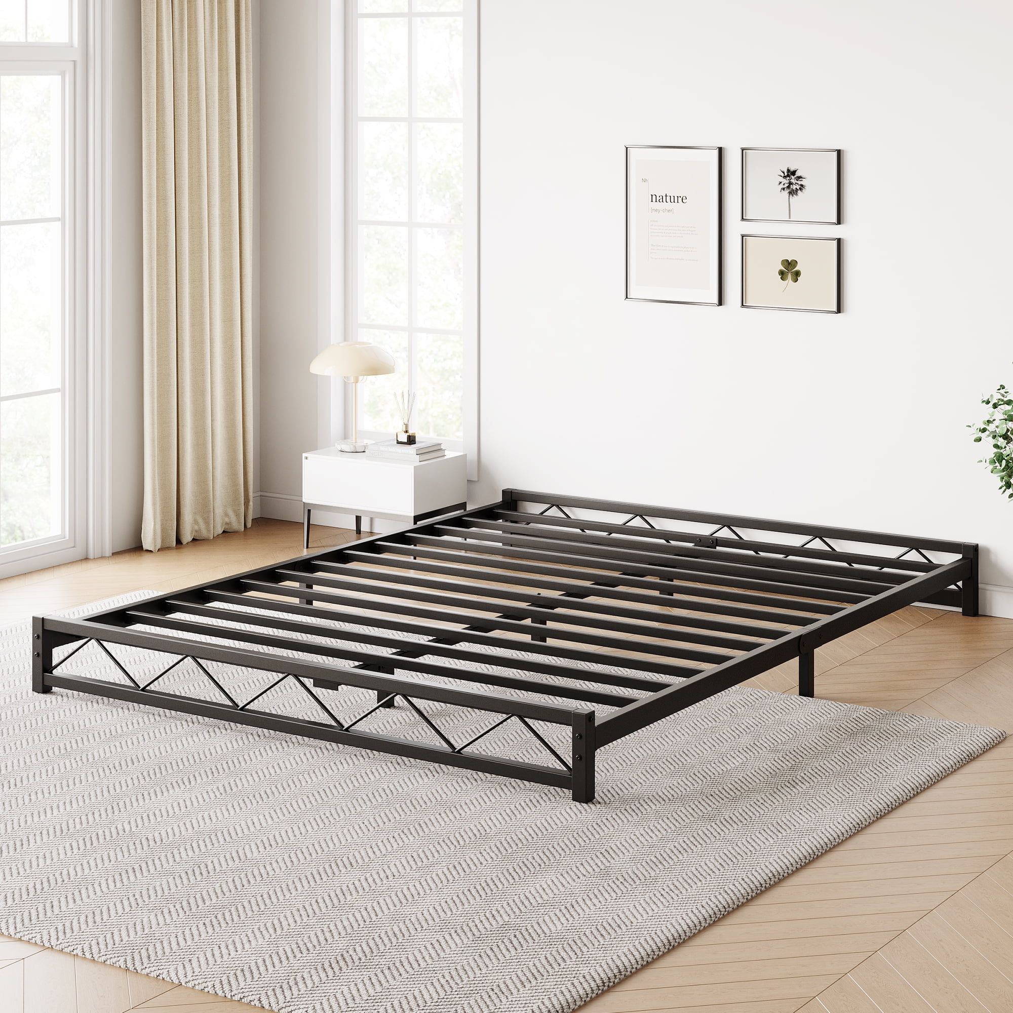 Black Metal Queen Platform Bed Frame with Slats