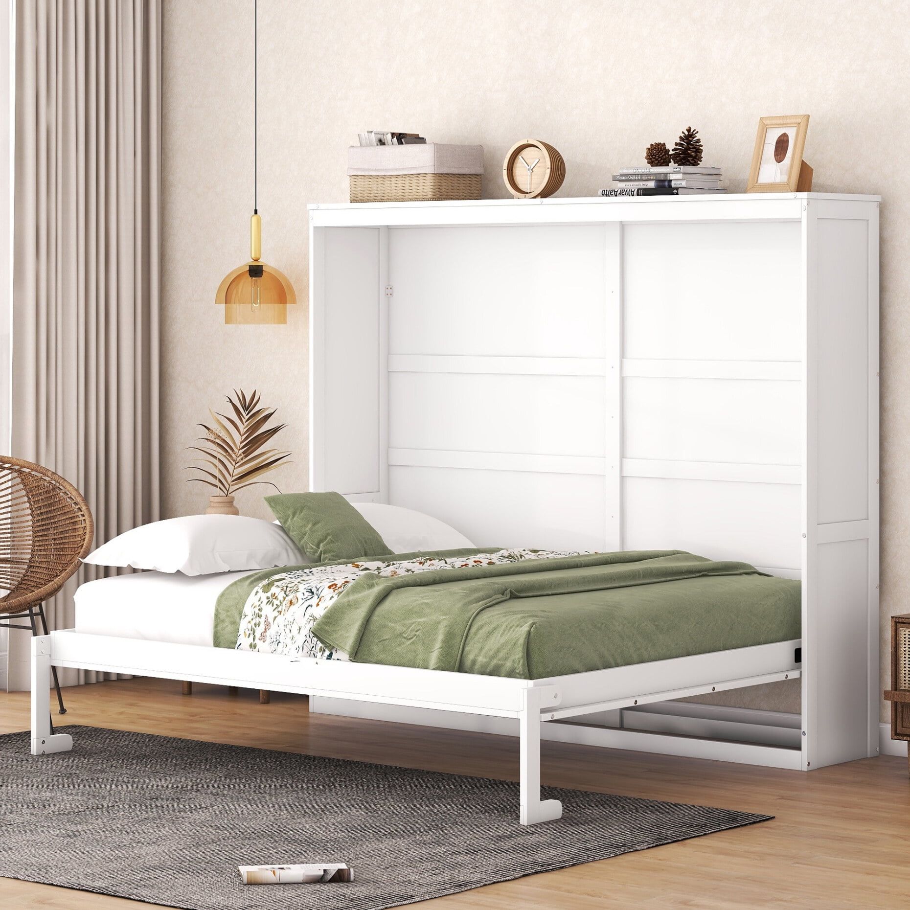 White Lacquered Queen Size Murphy Bed with Slats