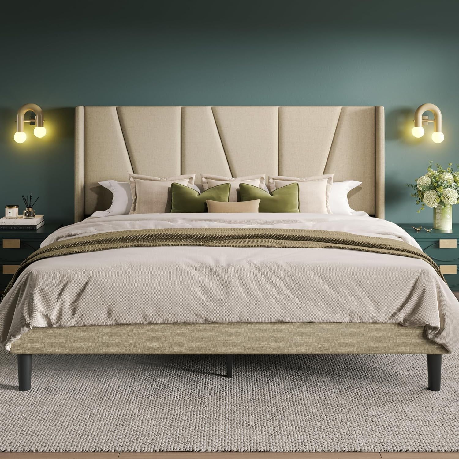 Queen Beige Linen Upholstered Platform Bed with Geometric Headboard