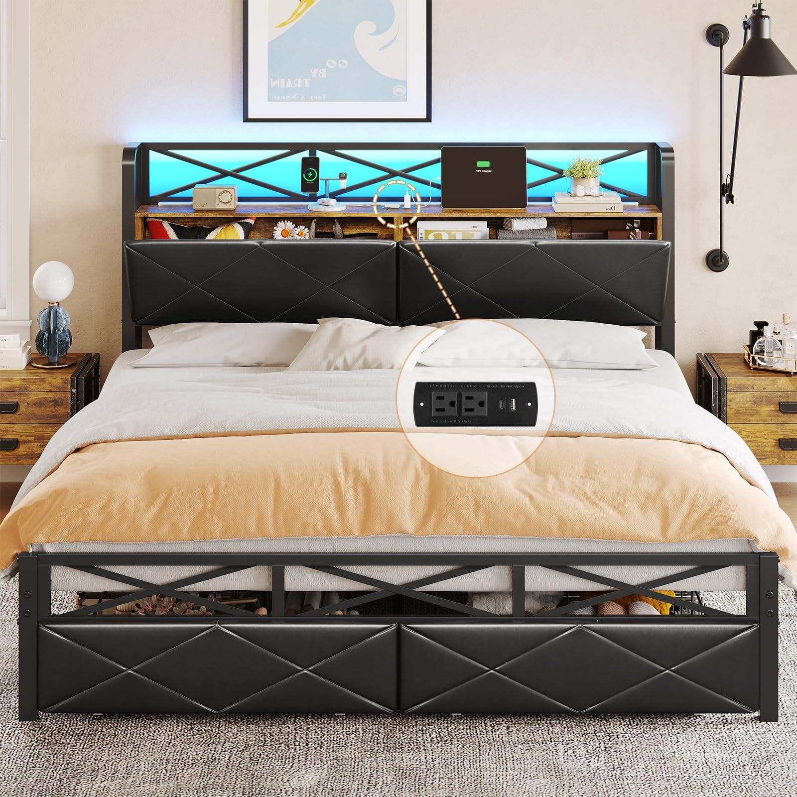 Black Queen Upholstered Bed Frame with LED Headboard and Storage Drawers