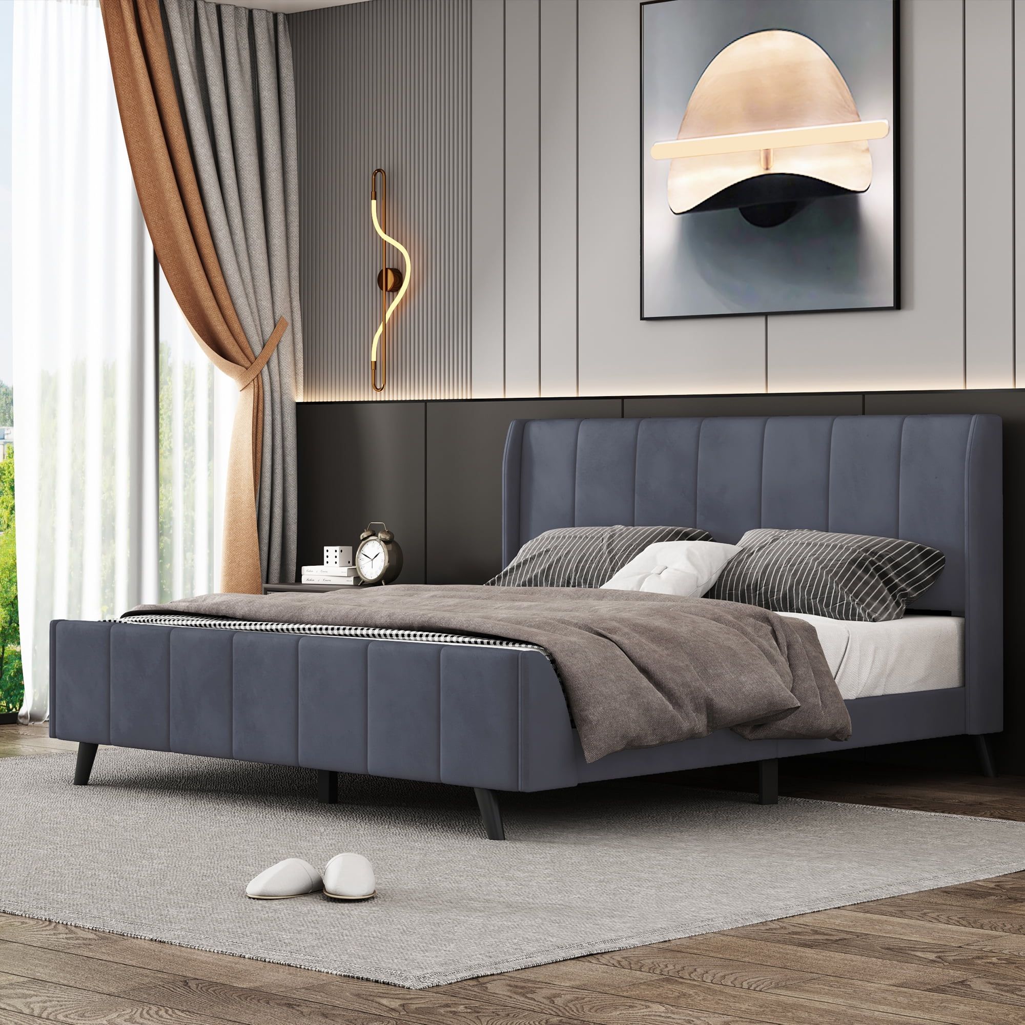 Queen Size Gray Velvet Upholstered Platform Bed with Tufted Headboard