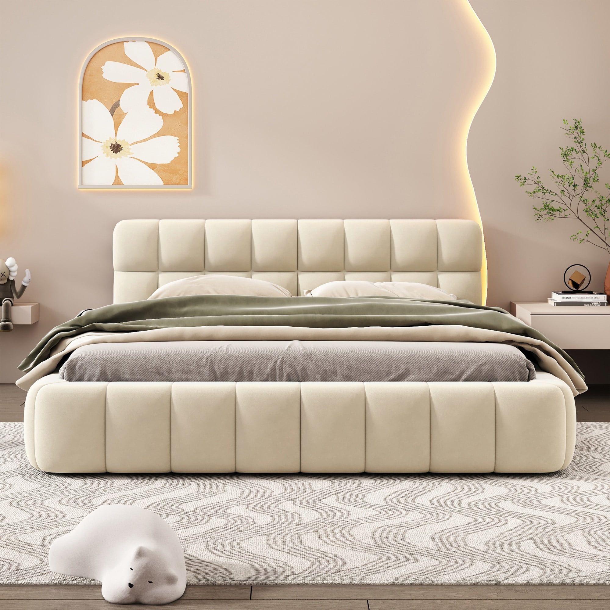 Beige Queen Upholstered Platform Bed with Linen Headboard and Wood Slats