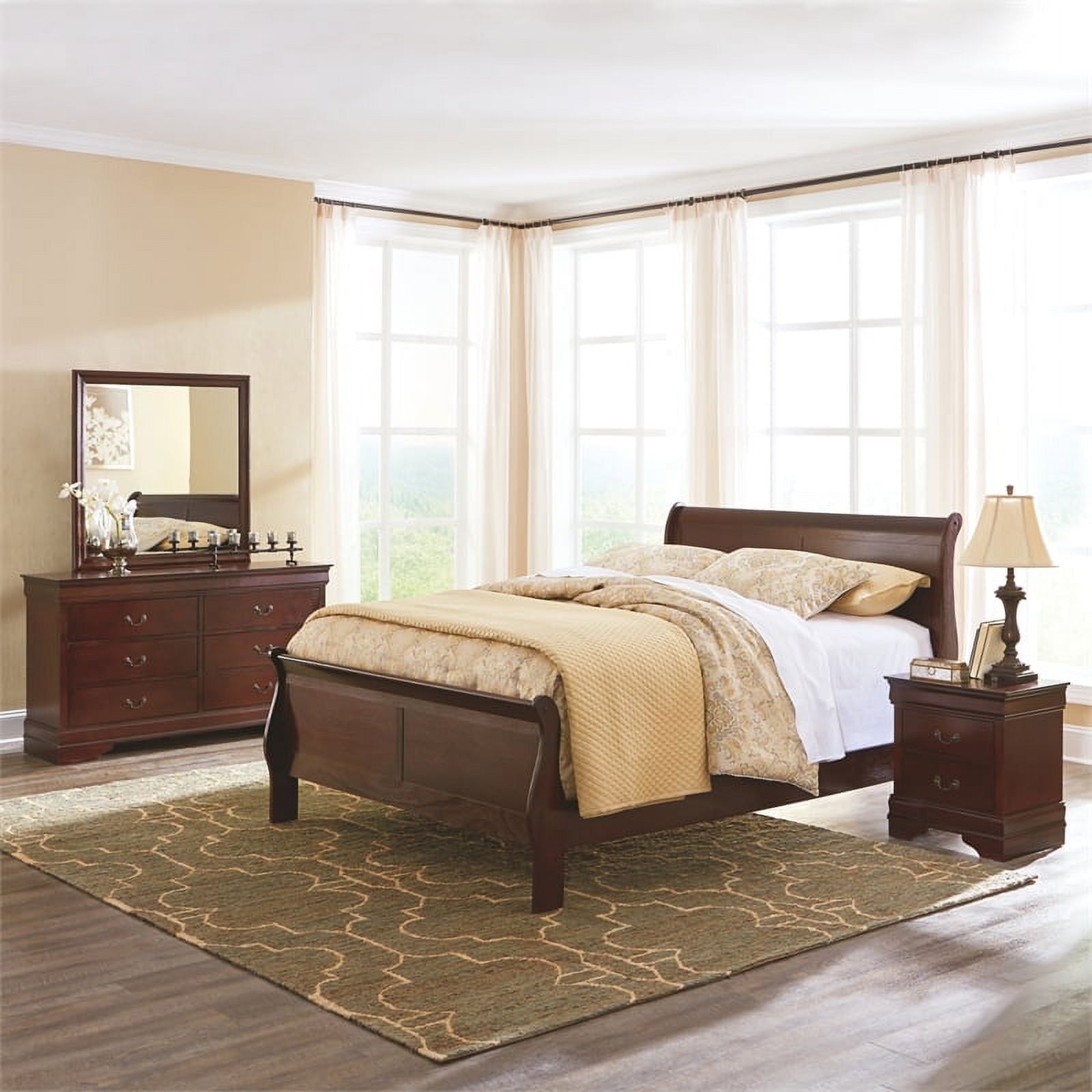 Transitional Queen Sleigh Bed with Wood Frame in Deep Brown