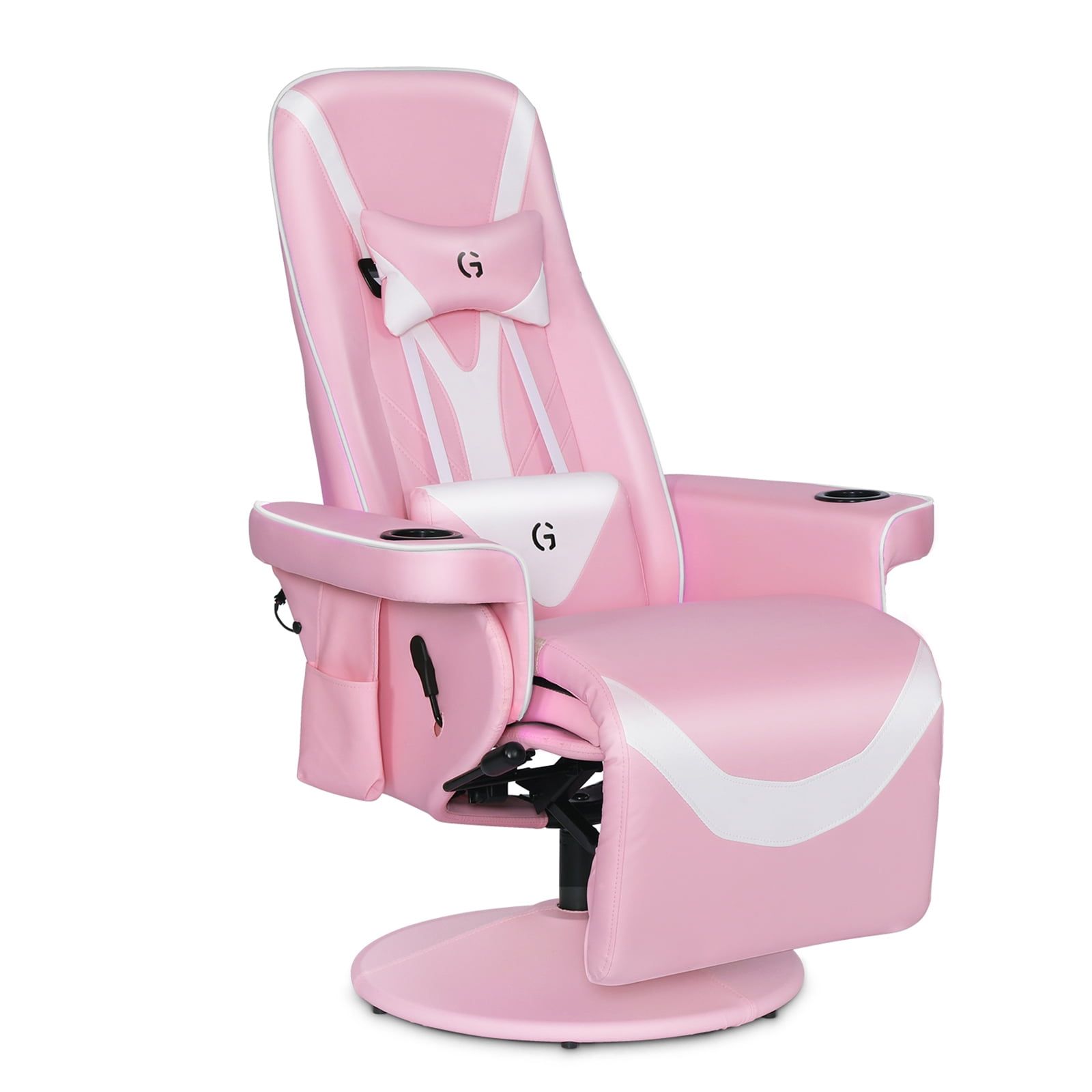 Pink White Ergonomic Reclining Gaming Chair with Footrest and Lumbar Support