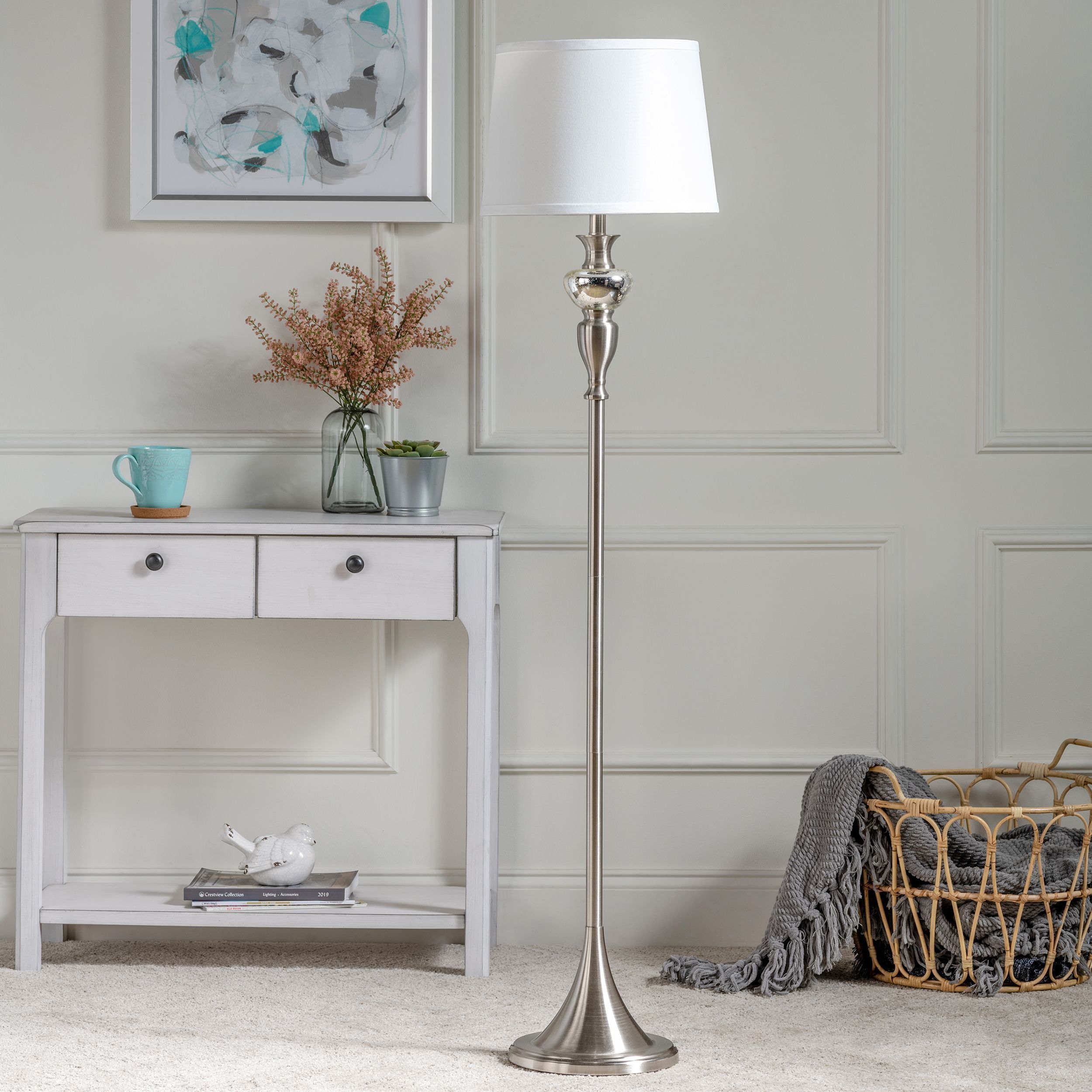 Queensland 61.5" Brushed Nickel Floor Lamp with White Linen Shade