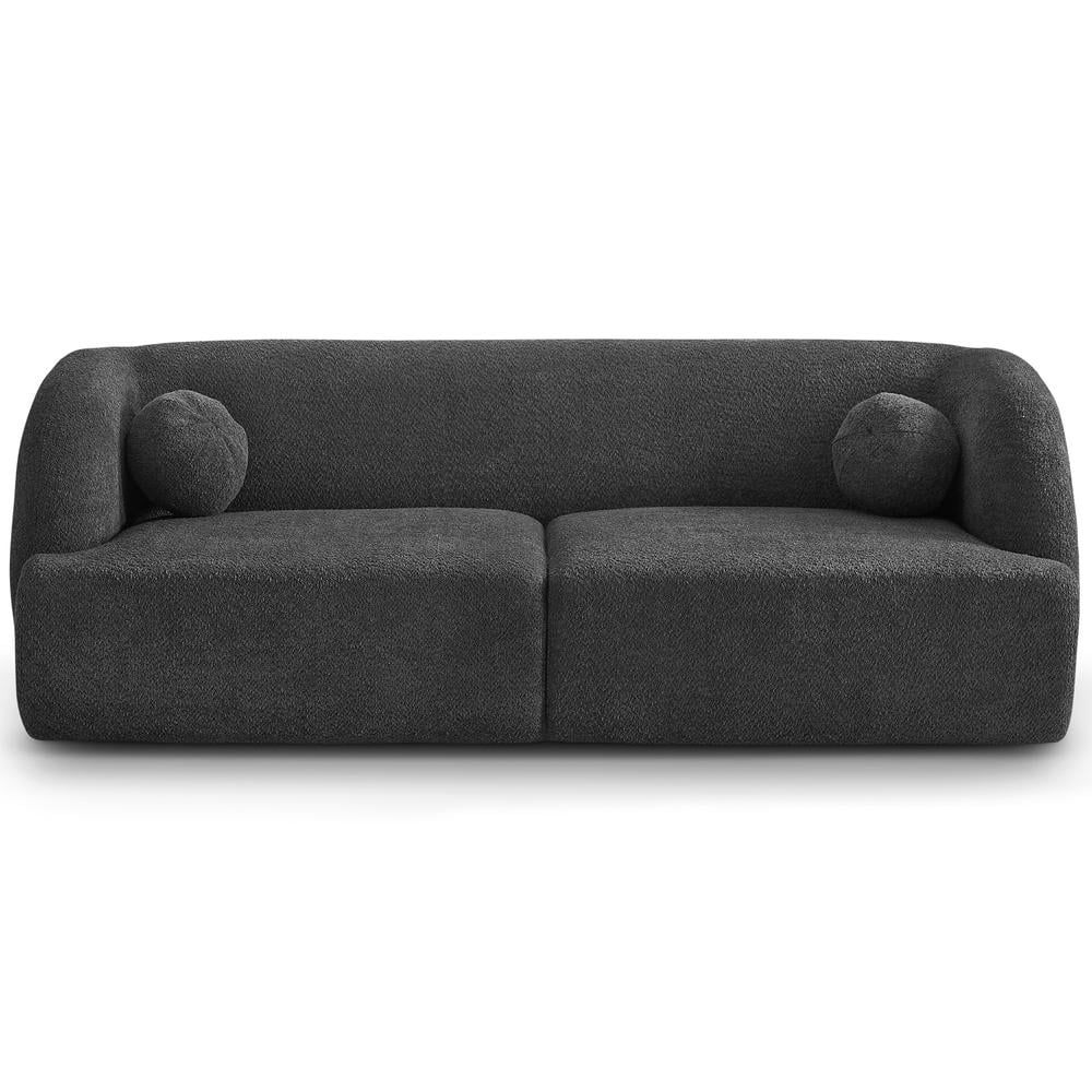 Gray Boucle Fabric Curved 3-Seat Sofa with Walnut Legs