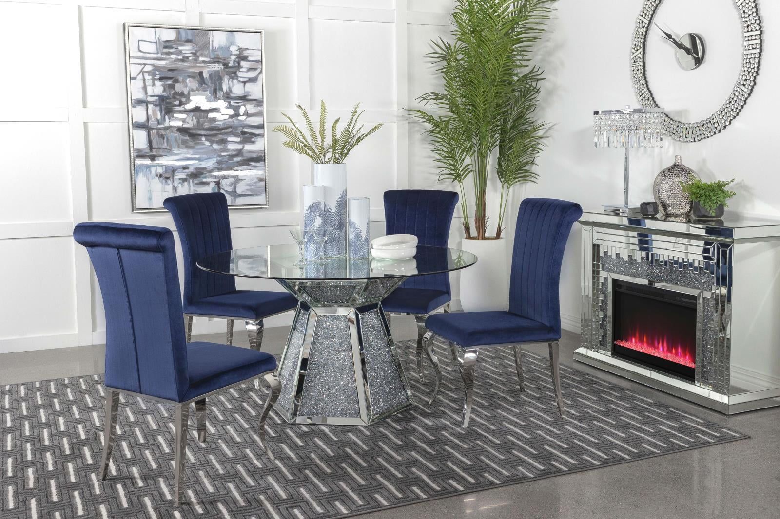 Quinn 5-Piece Mirror and Ink Blue Velvet Dining Set