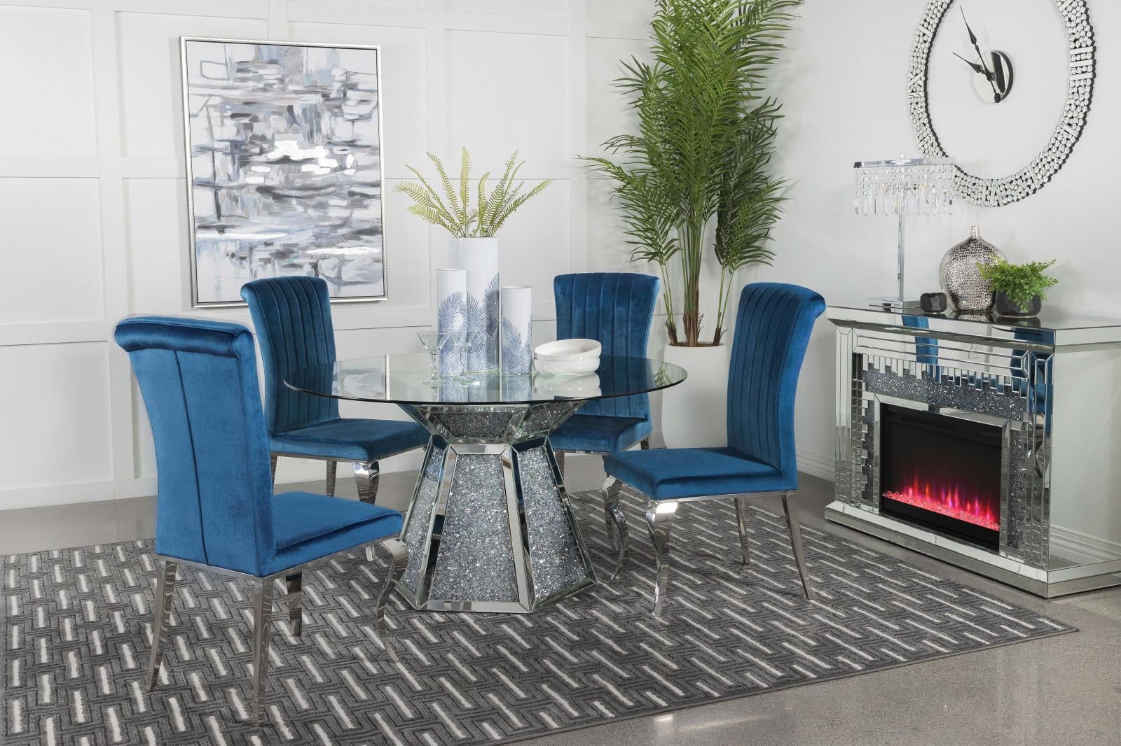 Hexagon Pedestal Dining Set with Teal Velvet Chairs and Mirror Accents