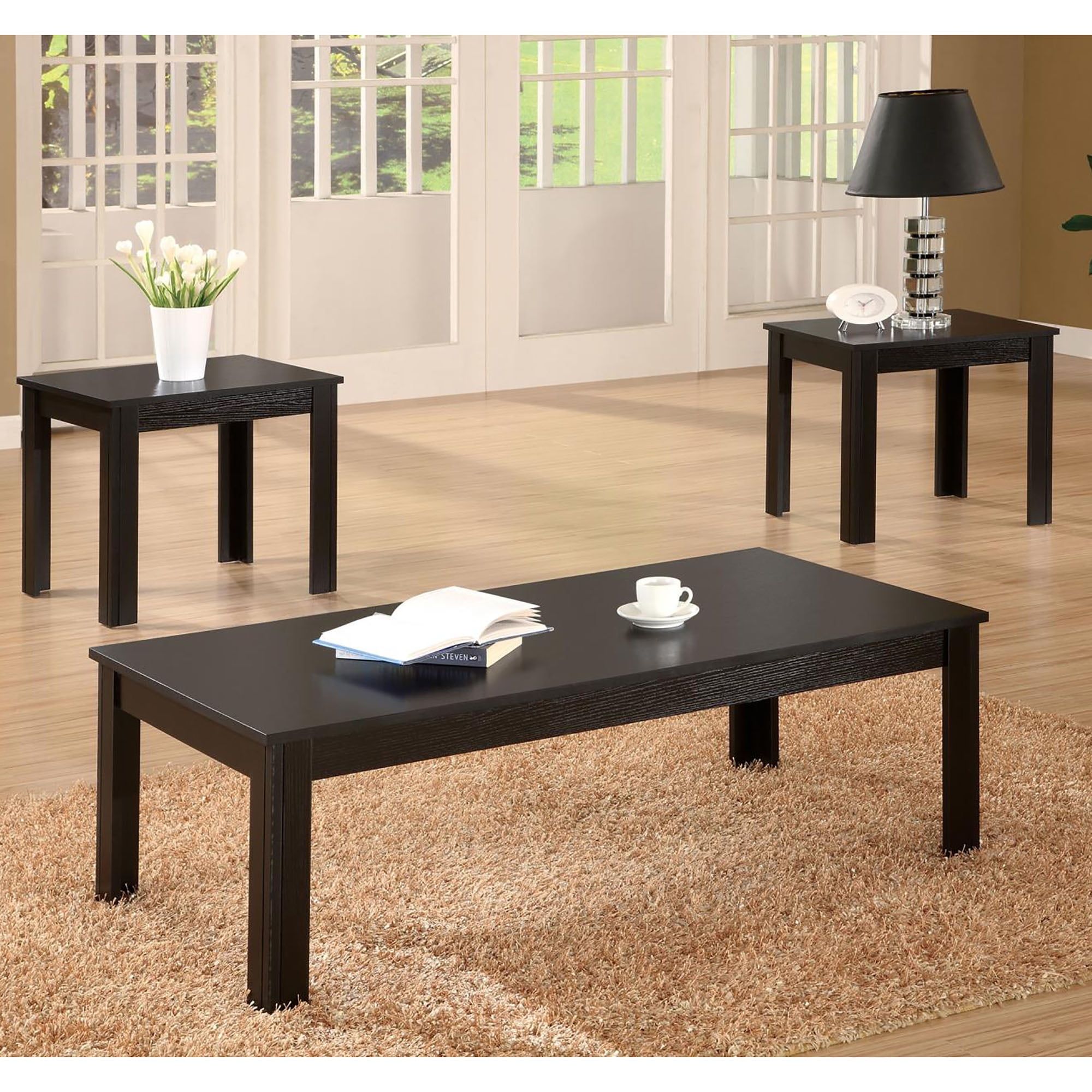 Black Solid Wood Rectangular Coffee Table Set