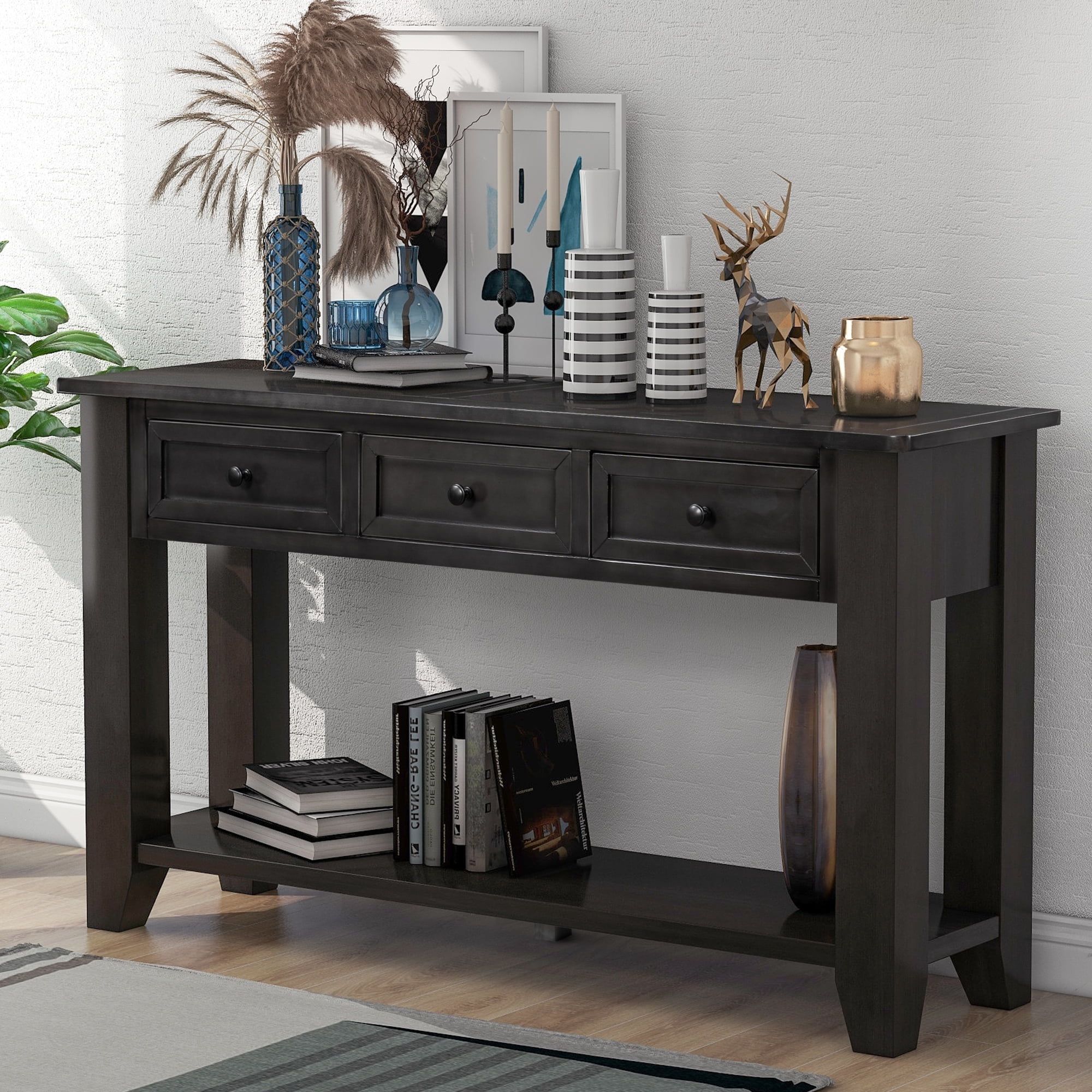 Black Pine Wood Console Table with Drawers and Shelf, 55 Inch