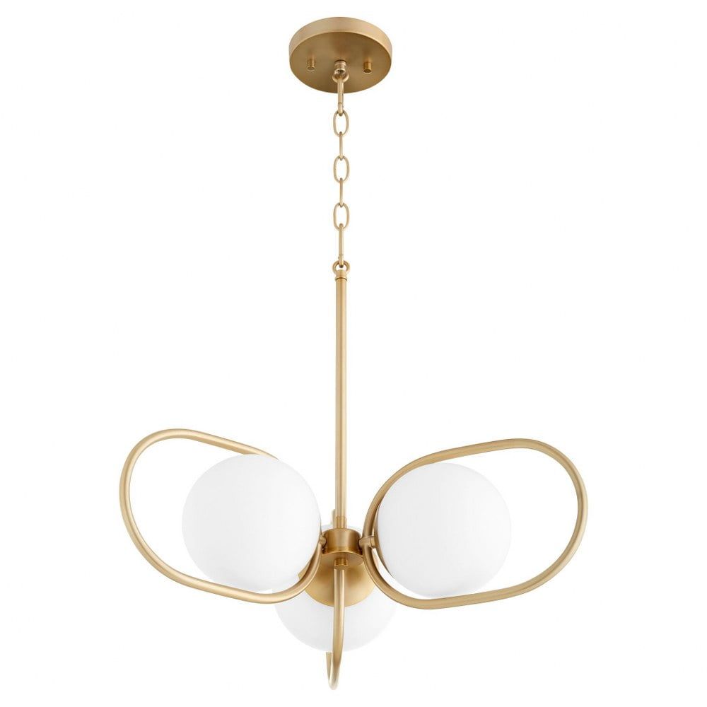 Belmont Aged Brass Mini Chandelier with Satin Opal Glass Shades