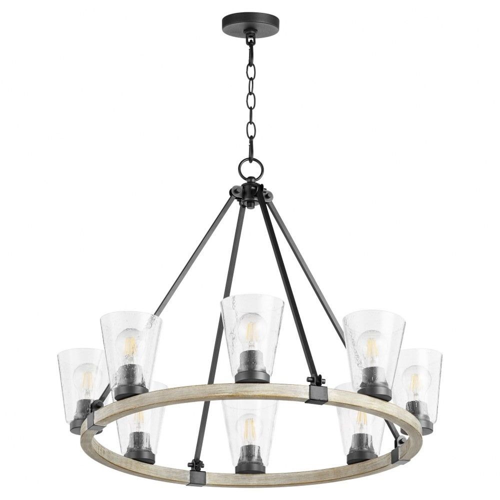 Noir Weathered Oak 8-Light Wagon Wheel Chandelier with Stone Seeded Glass