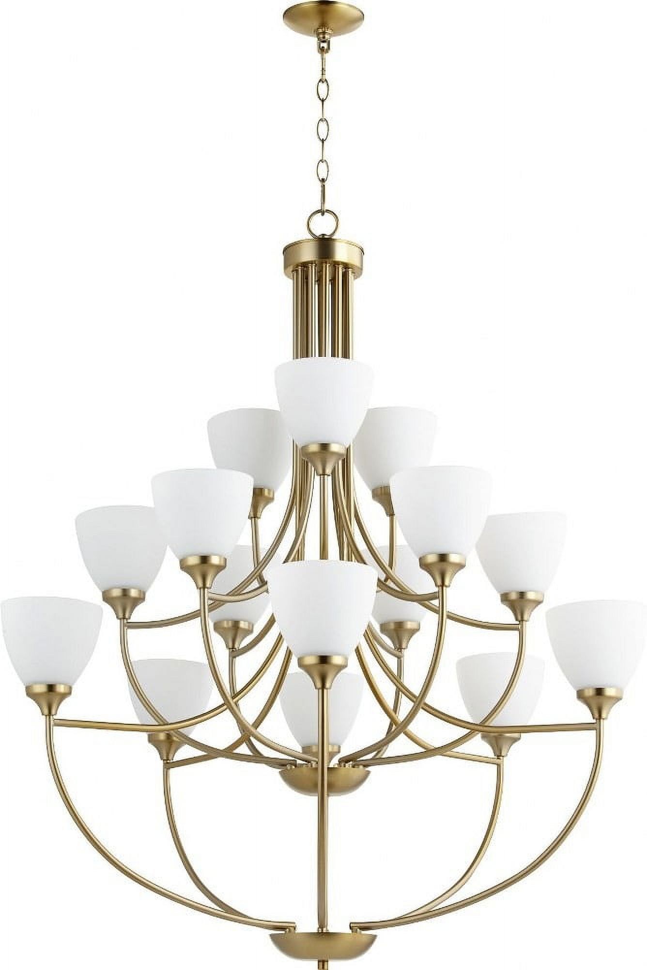 Aged Brass and Satin Opal Glass 15-Light Chandelier