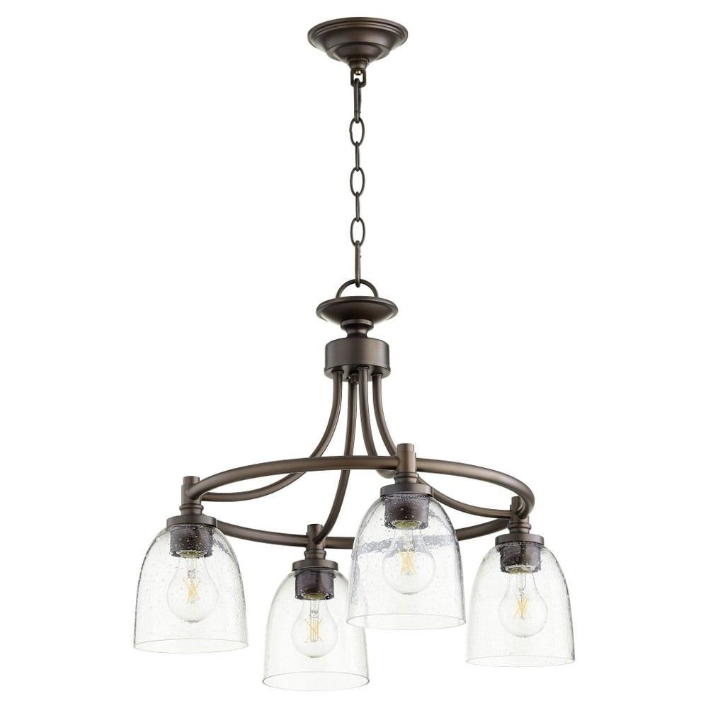 Oiled Bronze 4-Light Chandelier with Clear Seeded Glass Shades